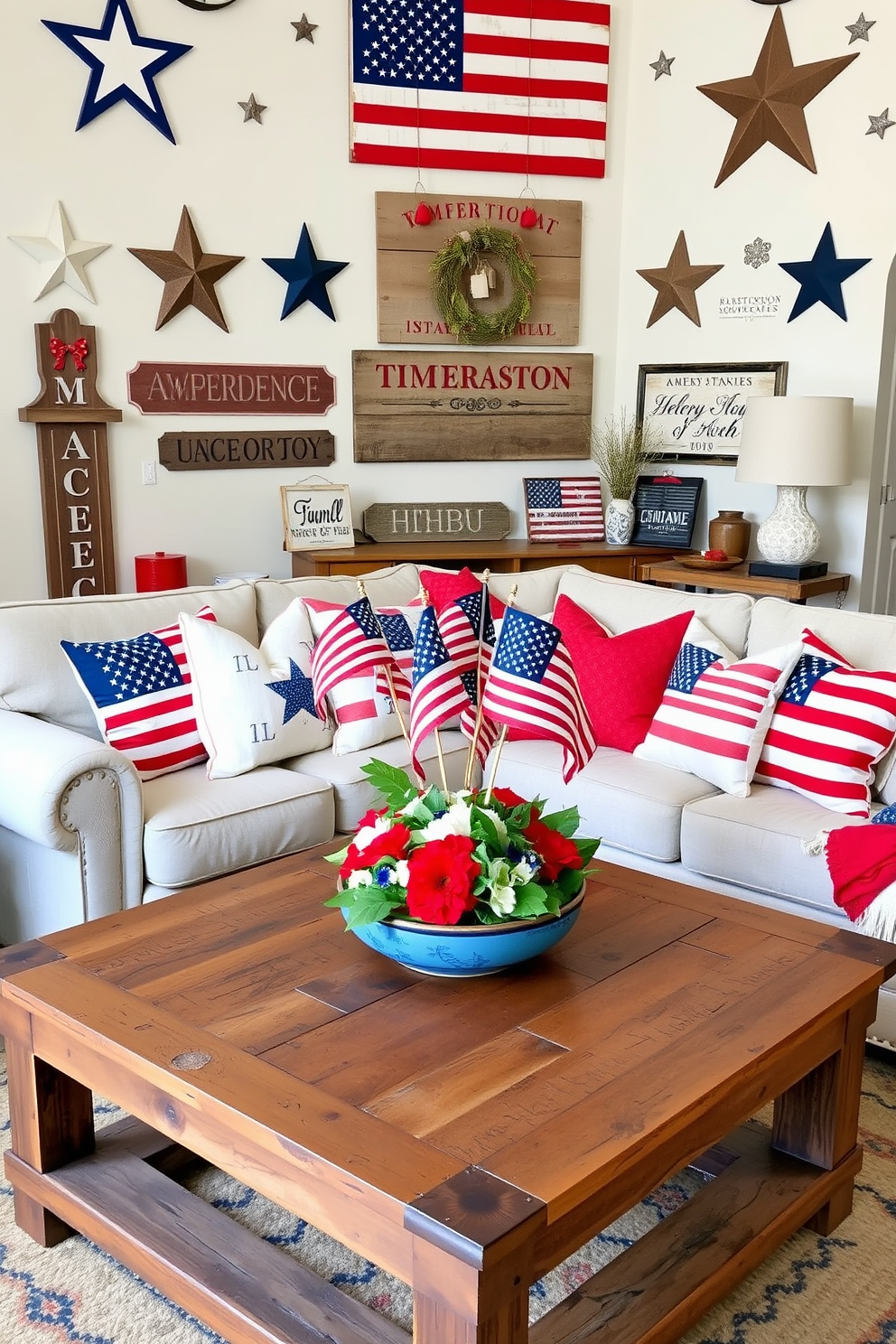 A cozy living room decorated with Americana inspired signs for Independence Day. Red white and blue accents are incorporated throughout the space with vintage flags and star motifs adorning the walls. A rustic wooden coffee table holds a centerpiece of small American flags and a bowl of red white and blue flowers. Soft throw pillows with patriotic designs are arranged on a comfortable sofa inviting relaxation and celebration.