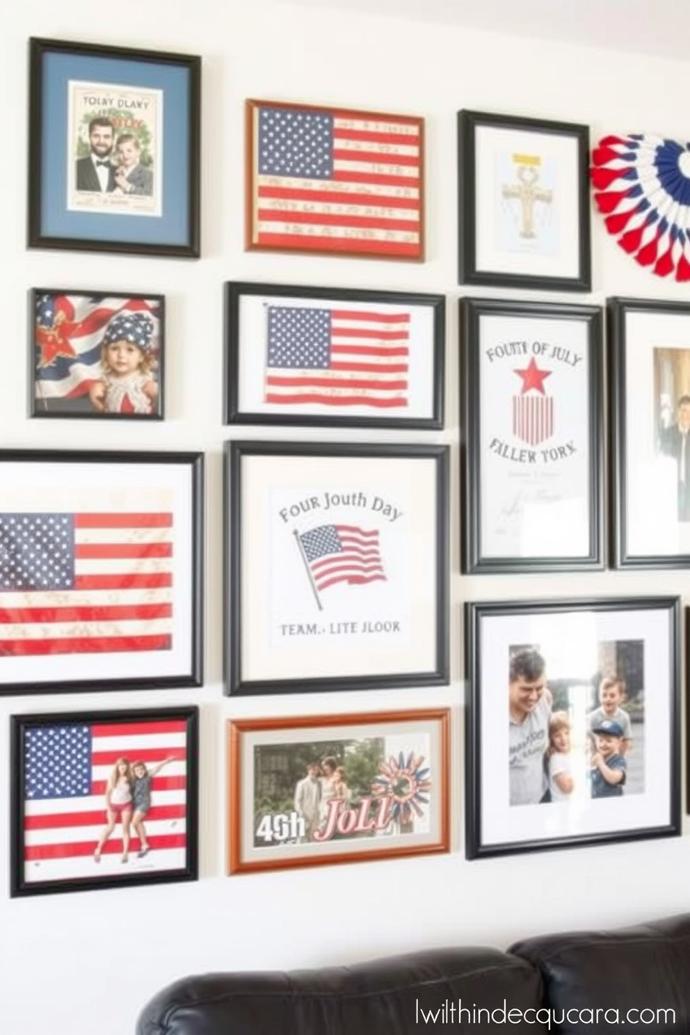 A patriotic gallery wall features an array of framed art pieces celebrating Independence Day. The wall includes vintage American flags, red white and blue themed prints, and family photos from past Fourth of July celebrations.