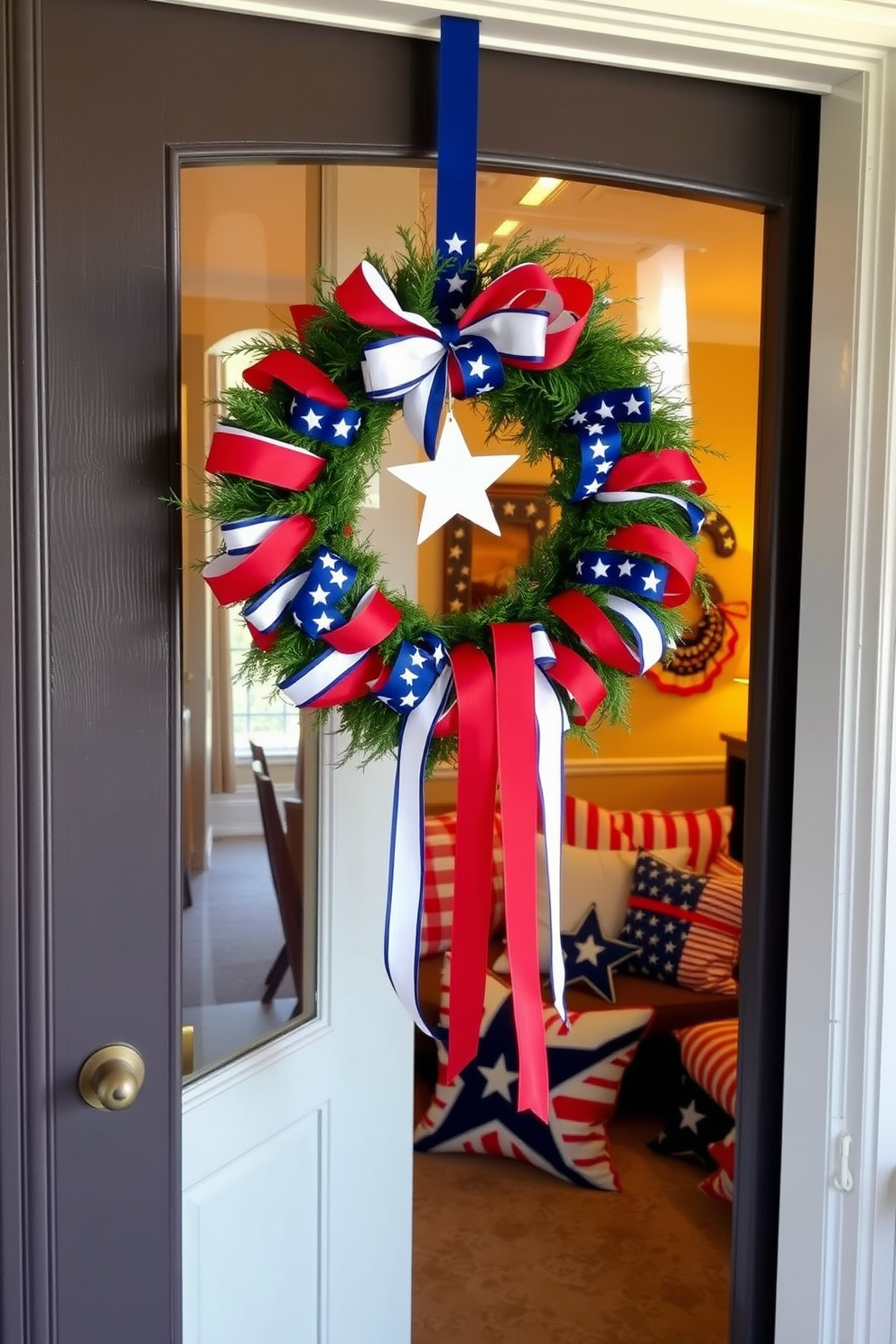 A patriotic table runner drapes elegantly over a wooden dining table, adorned with vibrant red, white, and blue patterns. Surrounding the table are stylish chairs, each complemented by festive place settings featuring star-spangled napkins and decorative accents. The backdrop showcases a cozy apartment space, with subtle Independence Day decorations like small flags and themed centerpieces. Soft lighting enhances the warm ambiance, creating a welcoming atmosphere for holiday gatherings.