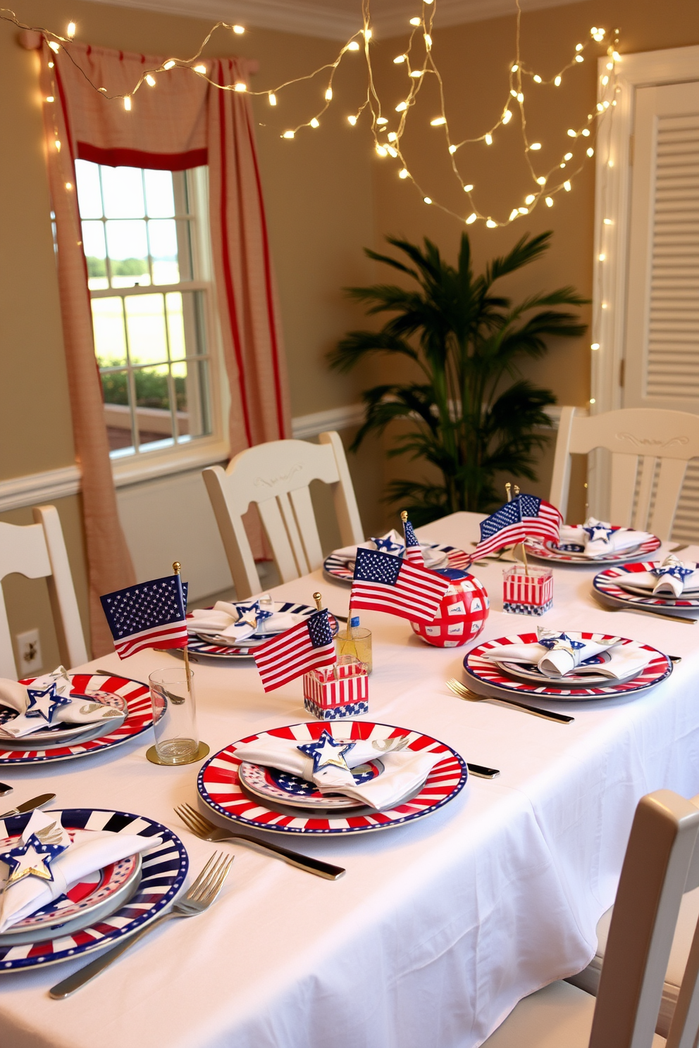 A festive dining table setting for Independence Day. The table is adorned with themed dishware featuring red, white, and blue patterns, complemented by star-shaped napkin holders and small American flags as centerpieces. The tablecloth is a crisp white, creating a bright backdrop for the colorful dishware. Twinkling fairy lights are draped above, adding a warm glow to the celebration atmosphere.