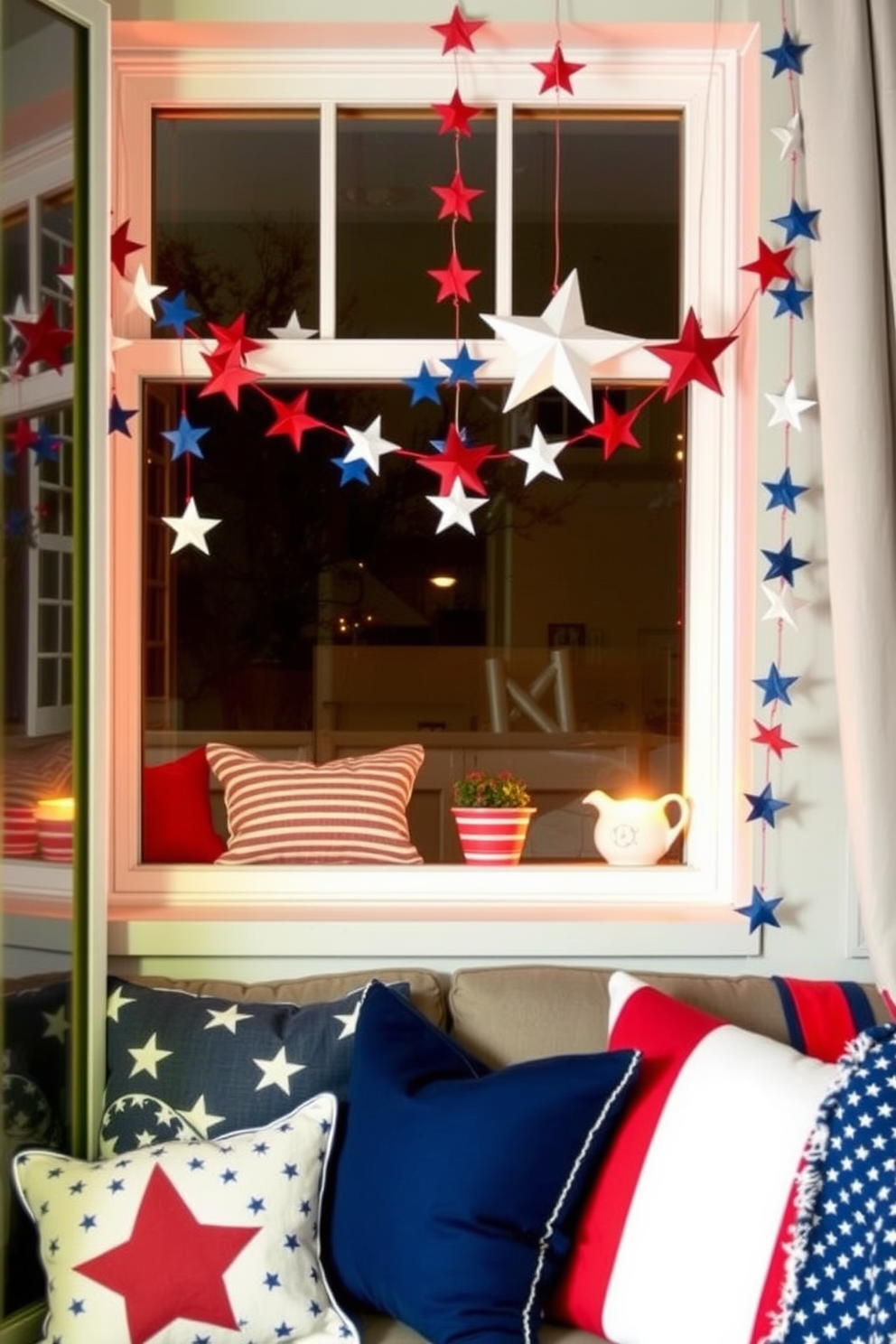 A festive window display featuring DIY star garlands made from red white and blue materials. The garlands are draped elegantly across the window frame creating a vibrant and patriotic atmosphere for Independence Day. The apartment is decorated with themed accents including cushions and throws in stars and stripes patterns. Subtle lighting enhances the festive mood while maintaining a cozy and inviting ambiance.