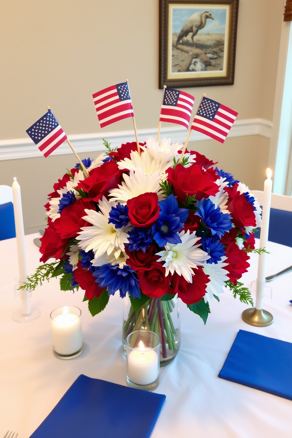 A festive table centerpiece featuring a vibrant arrangement of red white and blue flowers in a clear glass vase. Mini flags representing Independence Day are artfully placed among the blooms to celebrate the occasion. The table is set with a crisp white tablecloth and coordinating blue napkins. Candles in varying heights are positioned around the centerpiece to add a warm glow for evening gatherings.