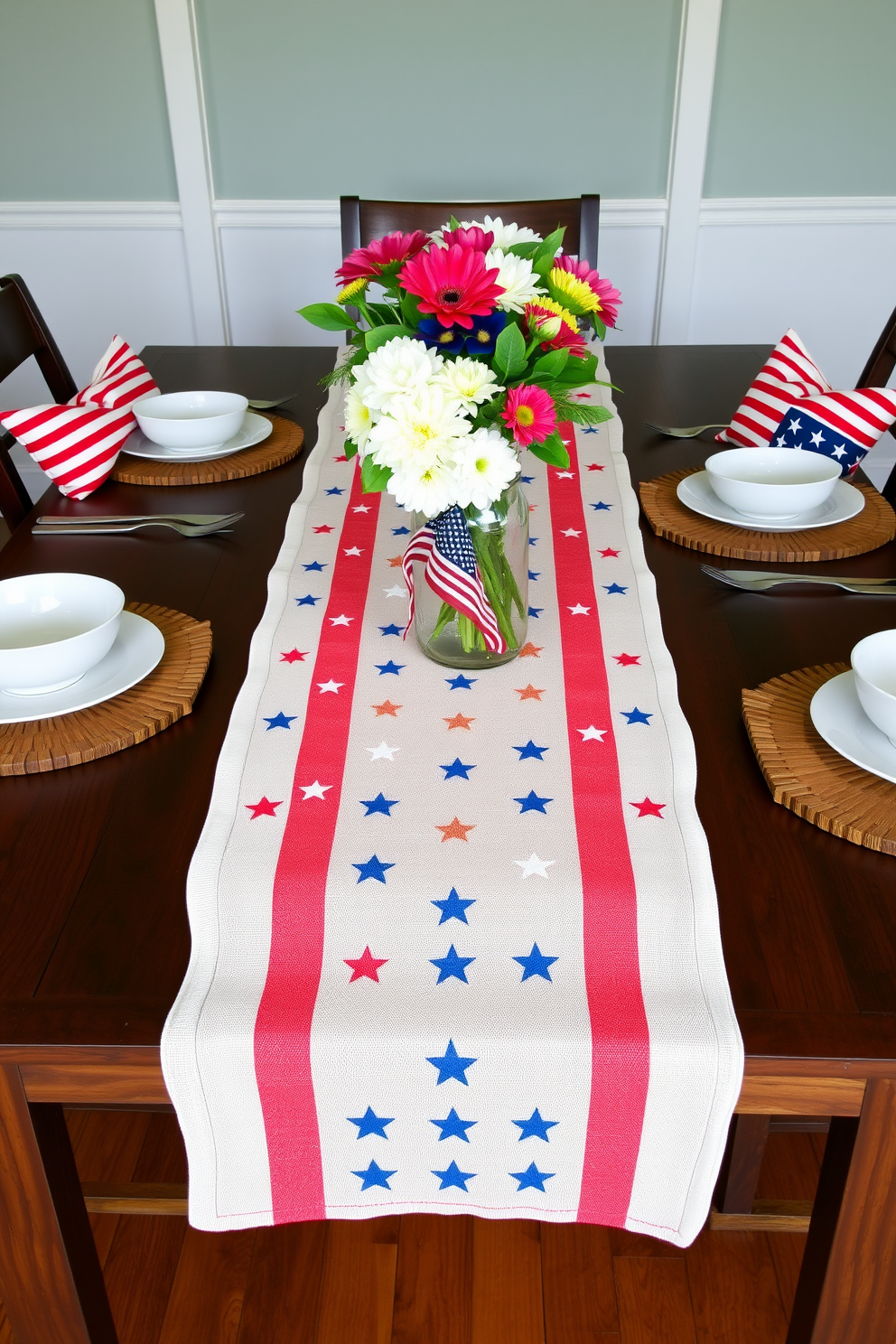 A festive dining table setting featuring a Fourth of July themed table runner adorned with red white and blue stars and stripes. The runner is complemented by rustic wooden placemats and elegant white dinnerware arranged neatly for a celebratory meal. Surrounding the table are comfortable chairs draped with patriotic cushions showcasing the American flag. Fresh flowers in a mason jar serve as a centerpiece adding a touch of summer charm to the Independence Day decor.