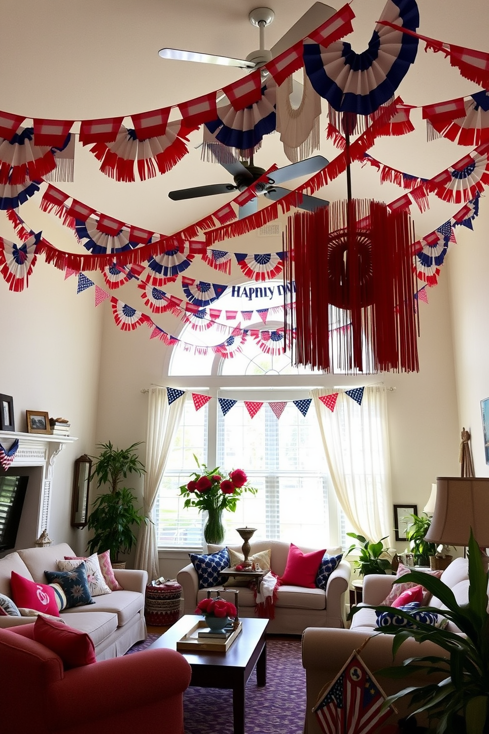 A vibrant living room adorned with festive bunting celebrating Independence Day. Colorful red white and blue banners hang from the ceiling creating a cheerful atmosphere for the holiday.