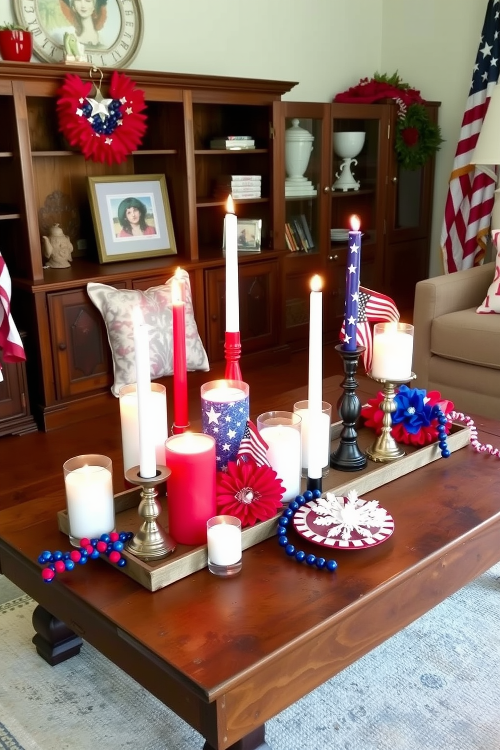 Create a festive living room setting adorned with patriotic candles of varied heights. The candles are arranged on a rustic wooden coffee table, surrounded by red, white, and blue decorations that celebrate Independence Day.