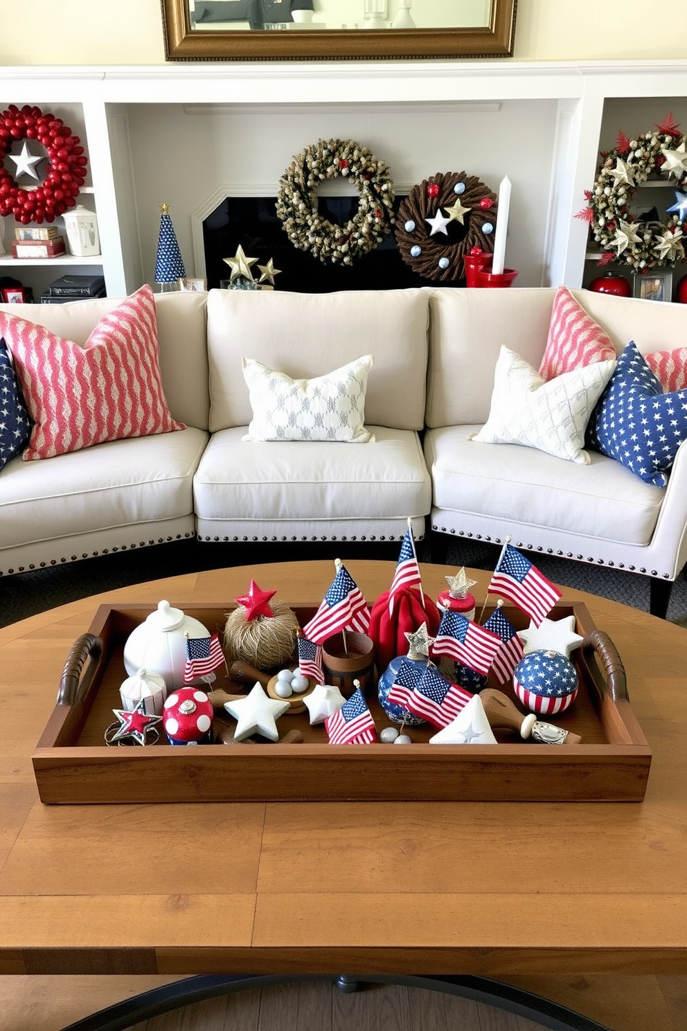 A cozy living space adorned with Americana inspired decorative trays. The trays are filled with red white and blue accents celebrating Independence Day, featuring stars and stripes motifs alongside rustic elements. The coffee table is topped with a large wooden tray displaying a collection of vintage fireworks and small American flags. Surrounding the table are plush seating options in neutral tones that complement the vibrant colors of the decor.