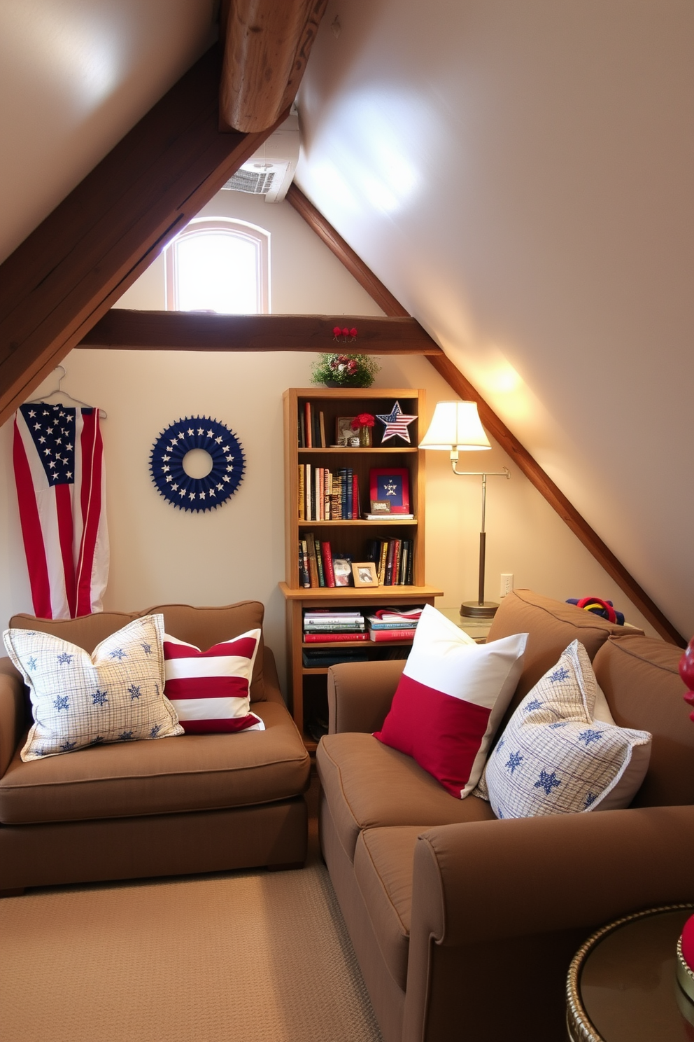 Create a cozy attic space decorated for Independence Day with red white and blue themed pillows. The walls are adorned with rustic wooden beams, and a comfortable seating area features a vintage armchair draped with a patriotic throw blanket.