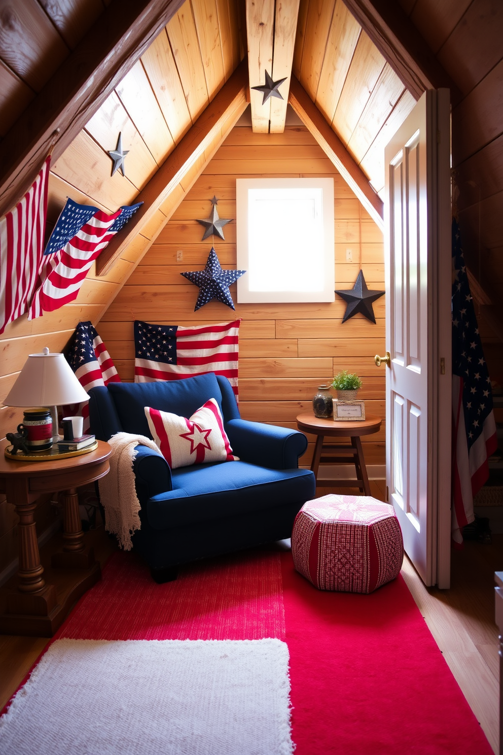 Rustic wooden shelves adorned with patriotic decor create a warm and inviting atmosphere. The shelves are filled with red white and blue accents including small flags and vintage Americana pieces. The attic is transformed into a cozy retreat featuring comfortable seating and soft lighting. Natural wood beams and exposed brick add character while patriotic throw pillows and blankets enhance the festive spirit.