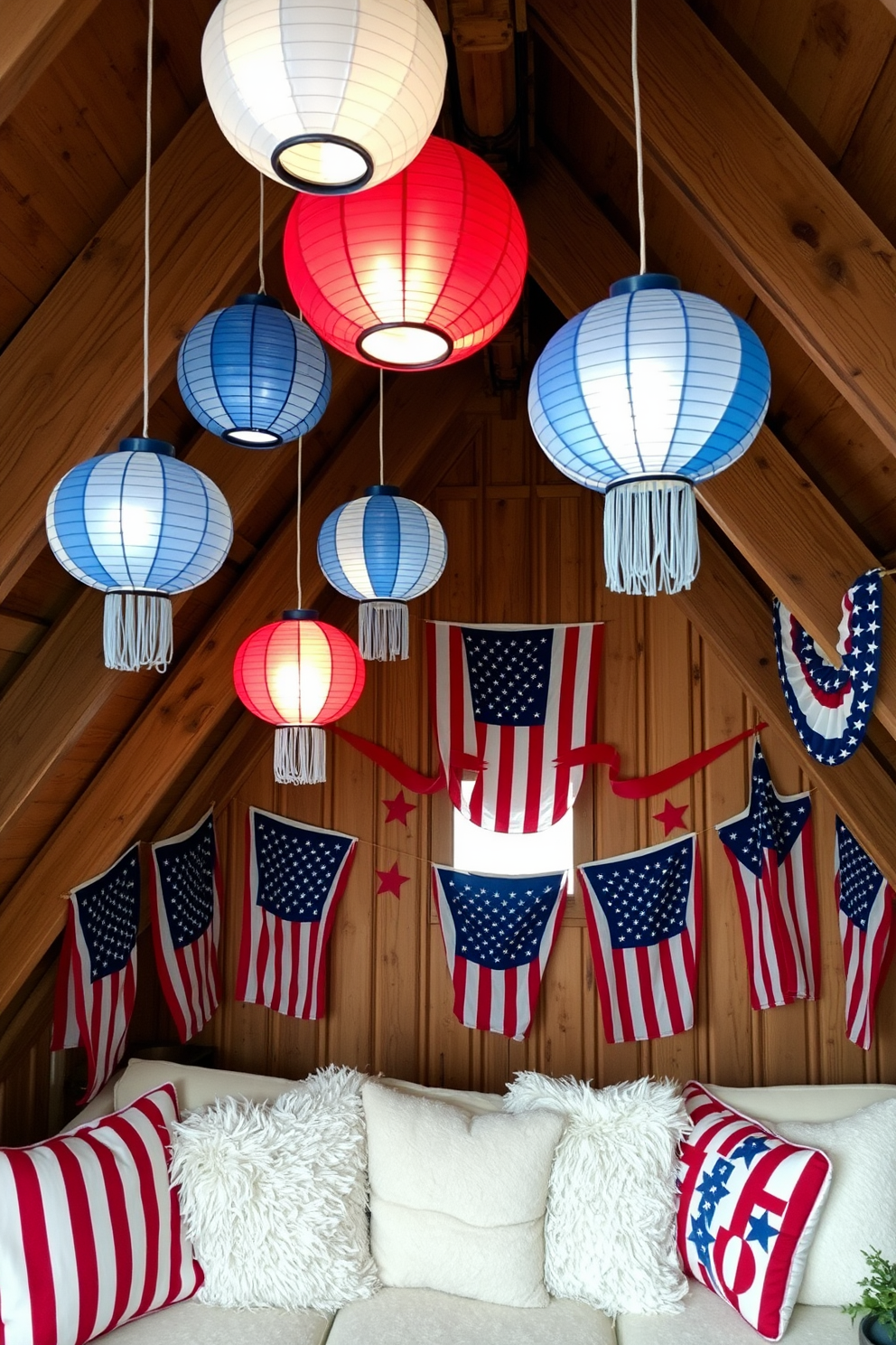 Cushions featuring American symbols are scattered across a cozy attic space. The vibrant colors of red, white, and blue create a festive atmosphere, complemented by rustic wooden beams and soft ambient lighting. Independence Day decor enhances the charm of the attic with themed cushions placed on a vintage rocking chair. A small table displays a collection of patriotic memorabilia, adding a personal touch to the inviting setting.