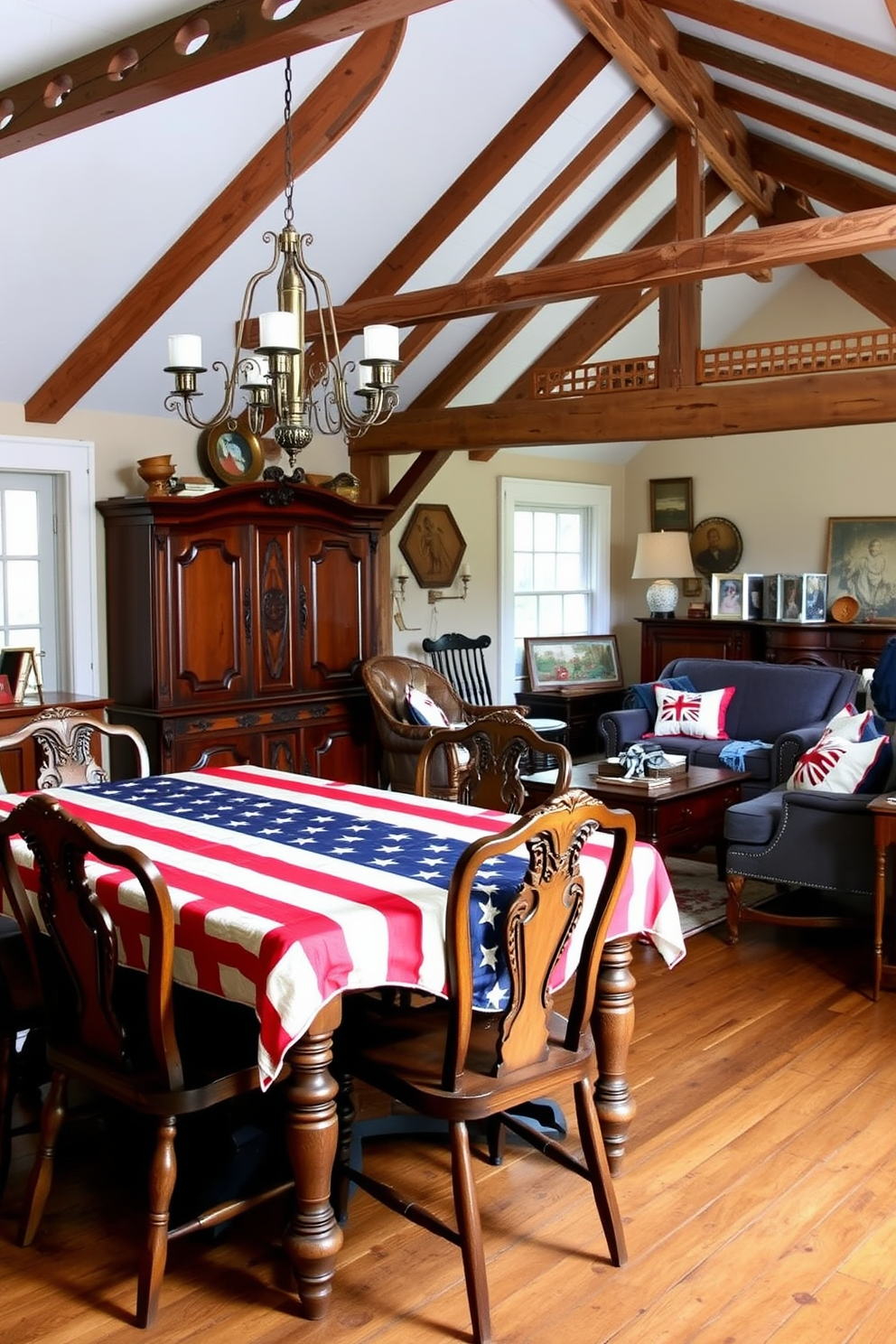 Create a cozy attic space decorated for Independence Day. The walls are adorned with patriotic themed wall hangings featuring red white and blue colors along with stars and stripes. In the center of the room, place a rustic wooden table surrounded by vintage chairs. Add a few potted plants and candles to enhance the festive atmosphere while maintaining a warm and inviting feel.