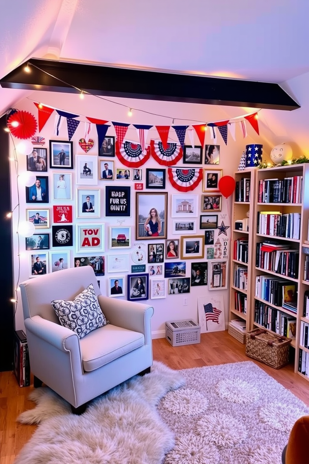 A cozy attic space is adorned with vibrant red white and blue curtains that flutter gently in the breeze. The curtains frame a small window, allowing natural light to illuminate the room filled with rustic wooden beams and soft, plush furnishings. The decor features a mix of vintage and modern elements, including a comfortable reading nook with a striped armchair and a small bookshelf filled with patriotic-themed books. A woven rug adds warmth to the space, while decorative pillows in complementary colors enhance the inviting atmosphere.