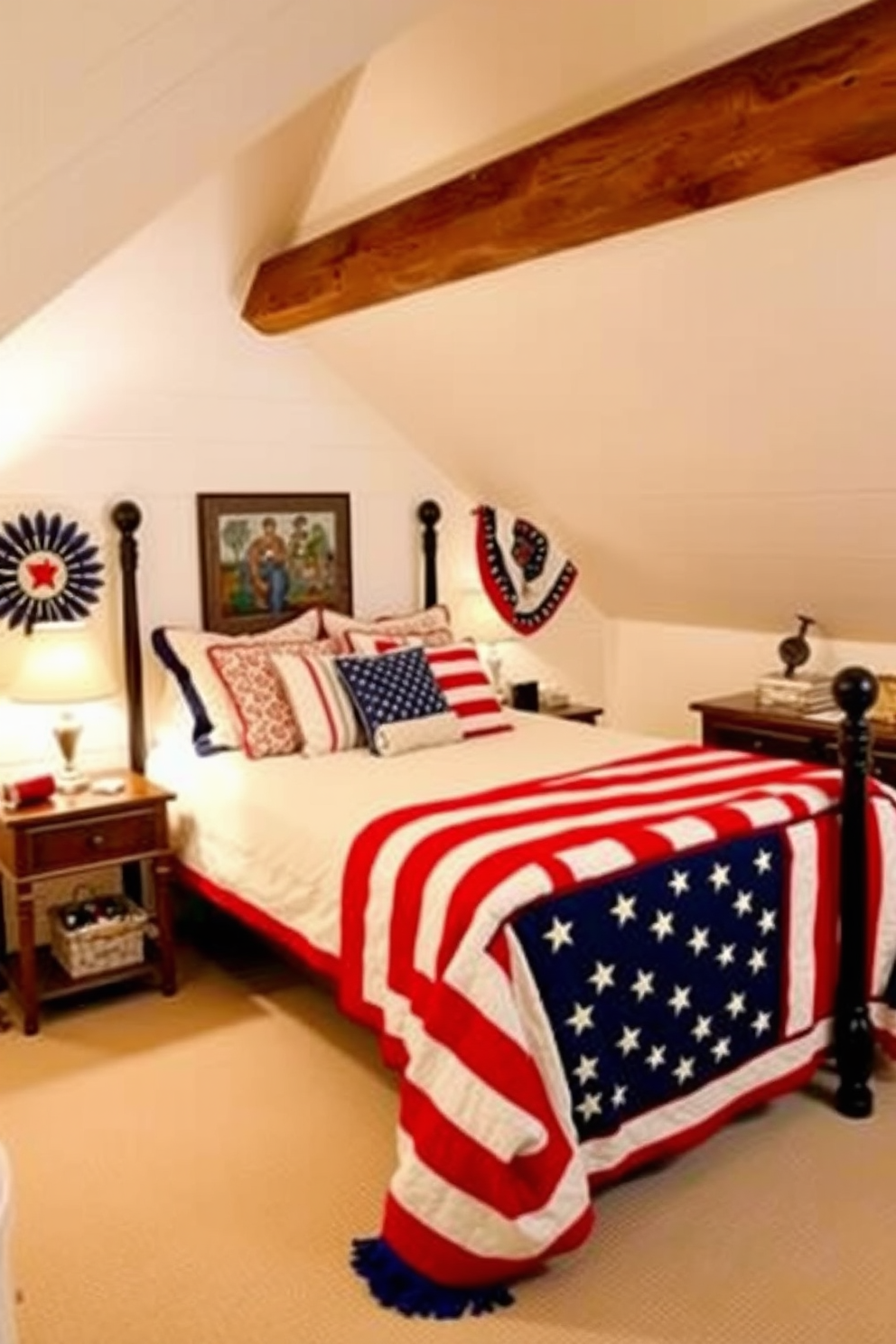 Independence Day themed artwork adorns the walls of a cozy attic space. Vintage flags and red white and blue accents create a festive atmosphere while comfortable seating invites relaxation.