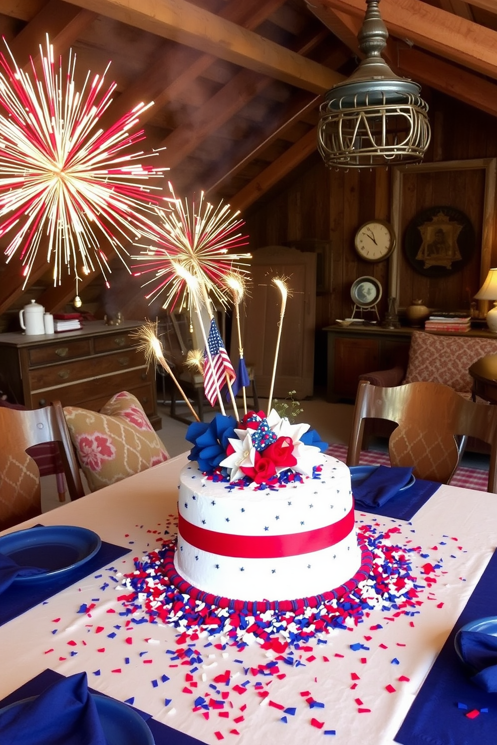 A collection of DIY painted mason jar centerpieces in red white and blue. Each jar features unique designs such as stars and stripes and is filled with fresh flowers for a festive look. A cozy attic space transformed into a charming reading nook. Soft lighting illuminates a vintage armchair surrounded by shelves filled with books and decorative accents.