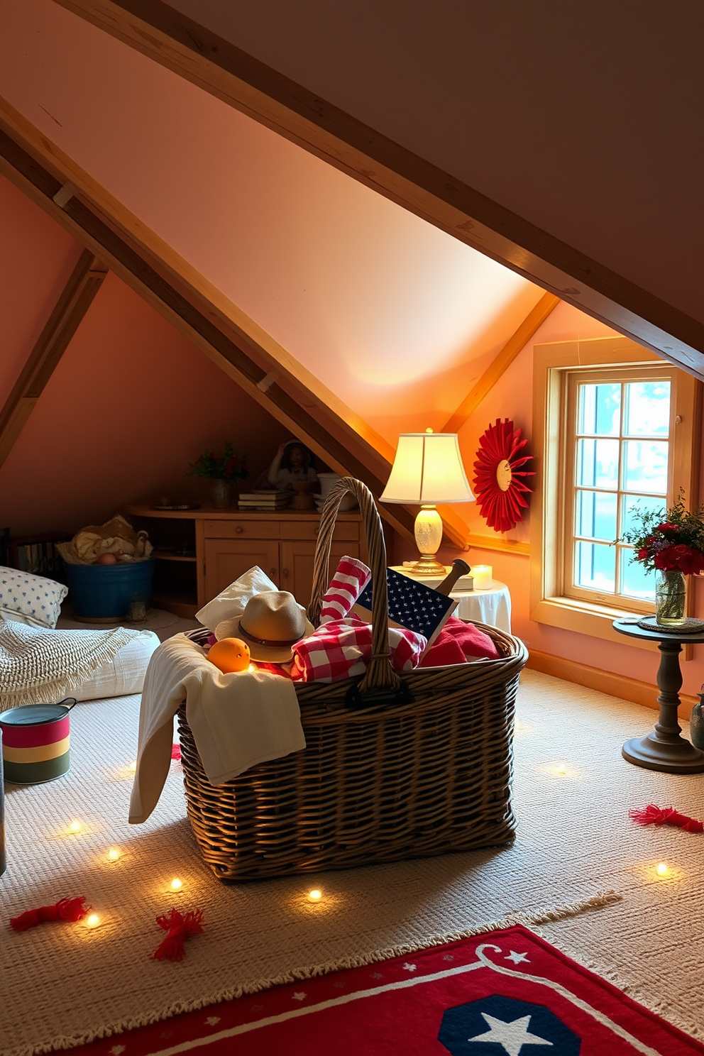 Create a cozy attic space decorated for Independence Day. The room features quilted throws in red, white, and blue draped over a rustic wooden chair, with vintage American flags artfully arranged on the walls.