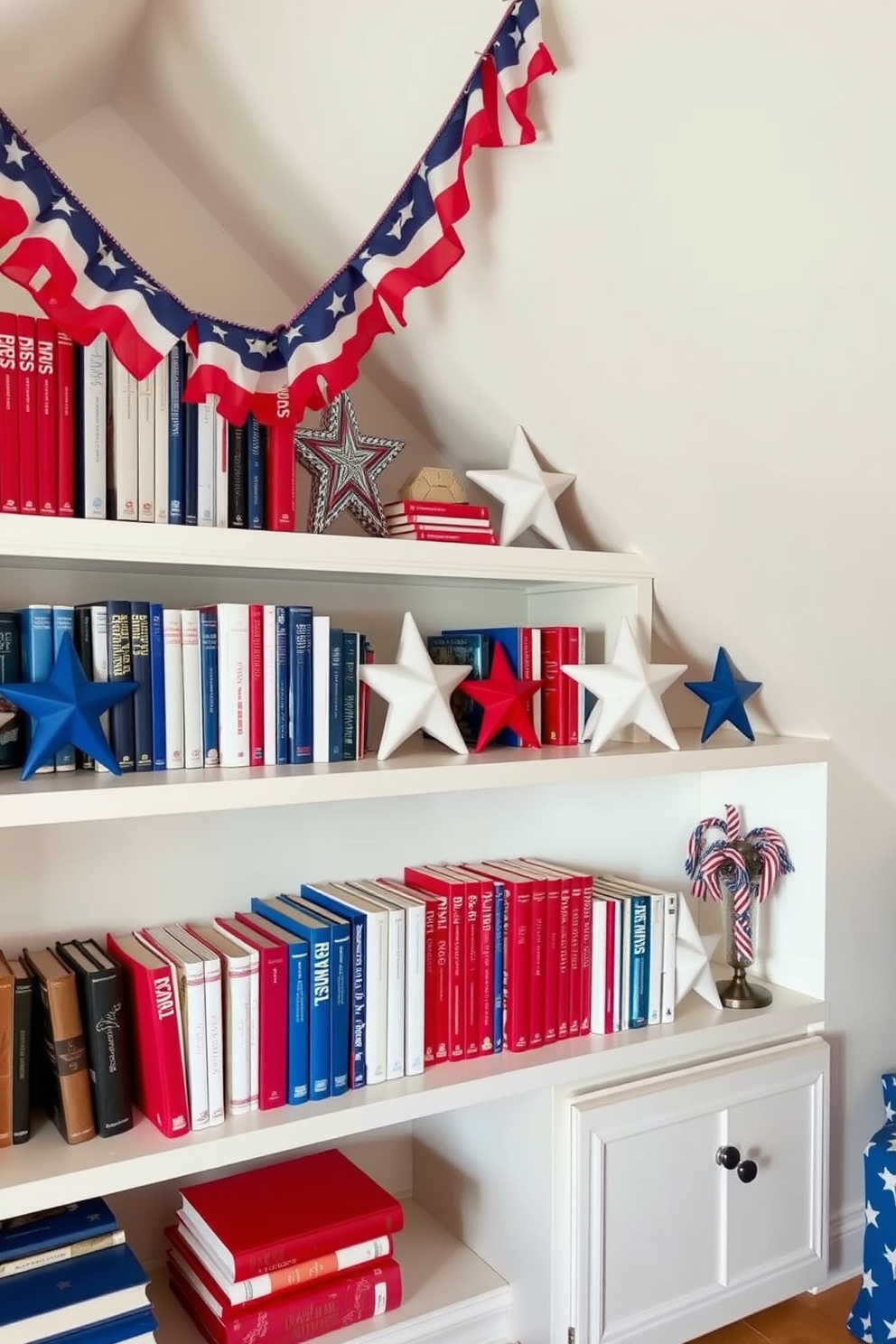 Create a charming attic space decorated for Independence Day. The walls are adorned with an array of red white and blue photo frames showcasing festive memories, while cozy seating invites relaxation amidst the holiday spirit.