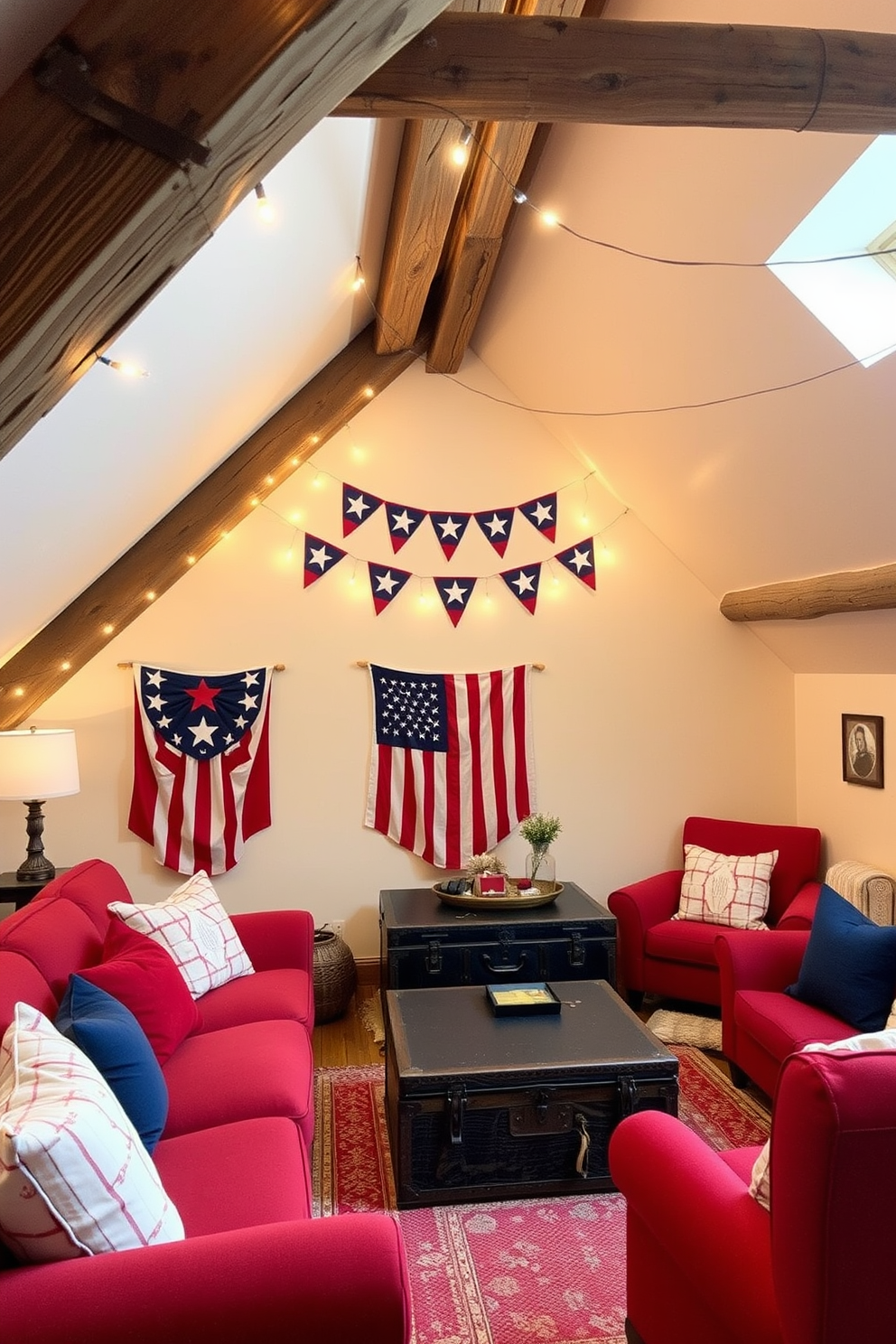 A festive attic space decorated for Independence Day. Colorful patriotic bunting is draped along the walls, creating a cheerful atmosphere. Vintage furniture pieces are arranged for comfort and style. Red, white, and blue accents are incorporated through cushions and decorative items throughout the room.