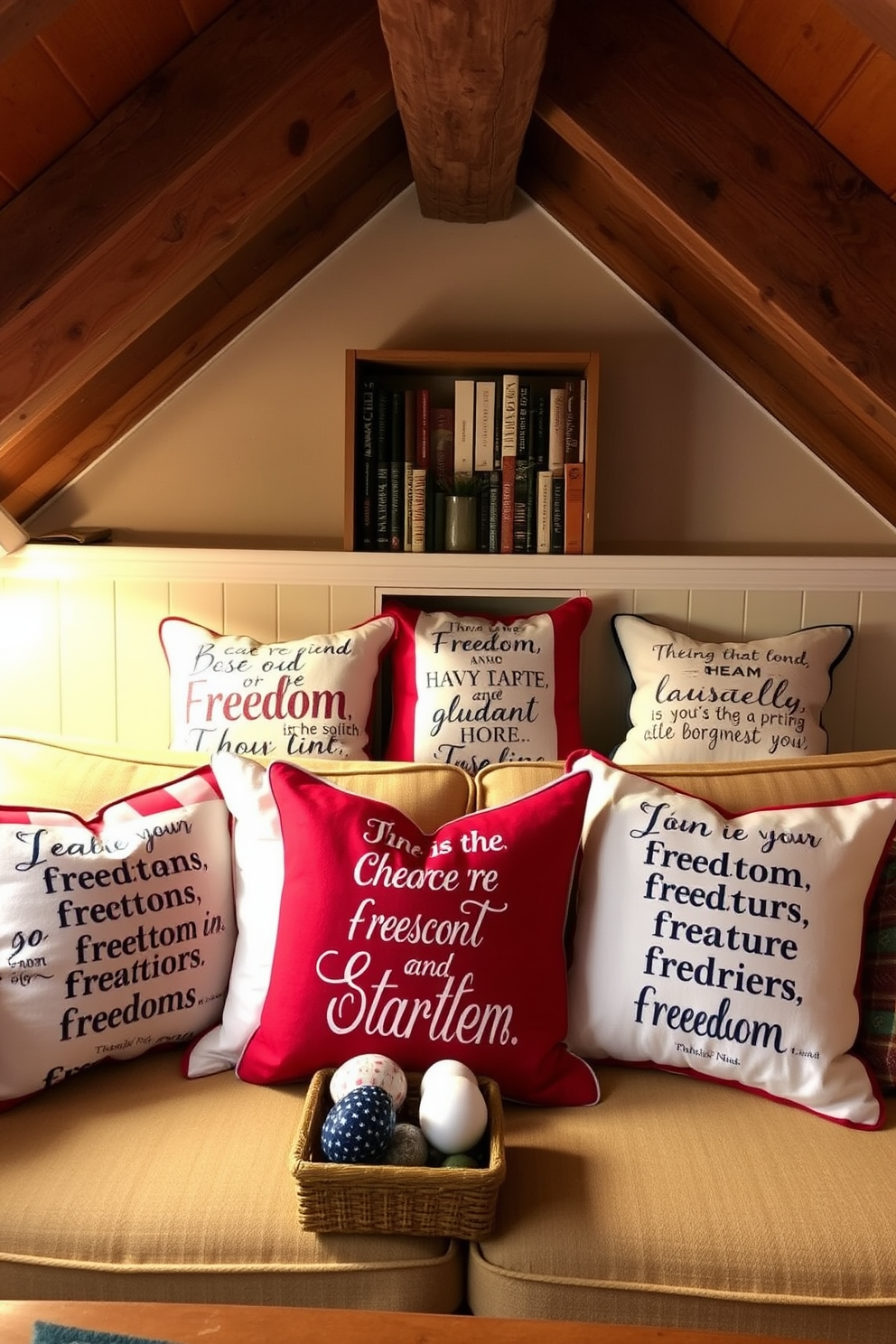 A cozy attic space decorated for Independence Day features decorative stars hung from the ceiling, creating a festive atmosphere. The walls are adorned with red, white, and blue accents, while comfortable seating invites relaxation and celebration.