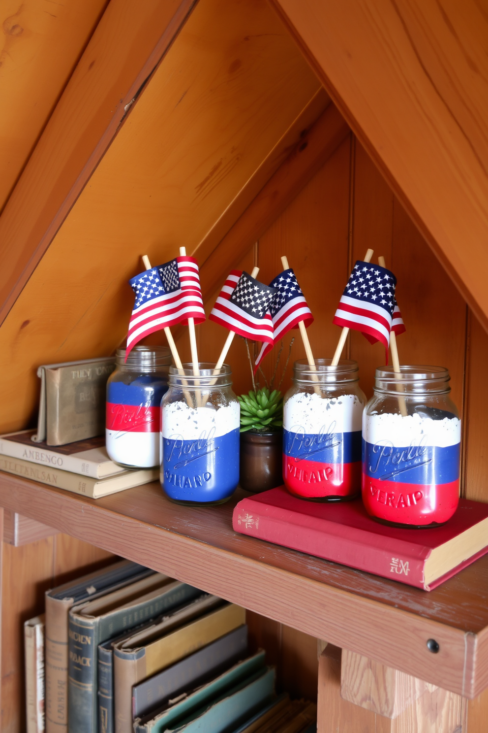 A cozy attic space adorned with patriotic themed books displayed on rustic wooden shelves. Red white and blue accents are incorporated through decorative pillows and a vintage American flag draped over a small armchair.