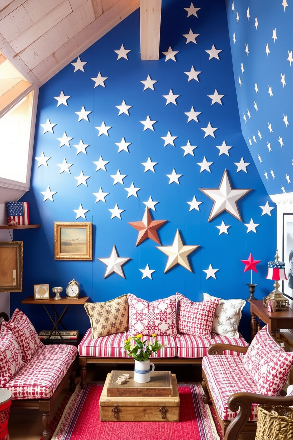 Independence Day themed wall stickers that feature vibrant red white and blue colors. The stickers include stars stripes and patriotic symbols to create a festive atmosphere. Independence Day attic decorating ideas that incorporate vintage American flags and rustic wooden accents. The space is adorned with cozy seating and string lights to create a warm inviting ambiance.