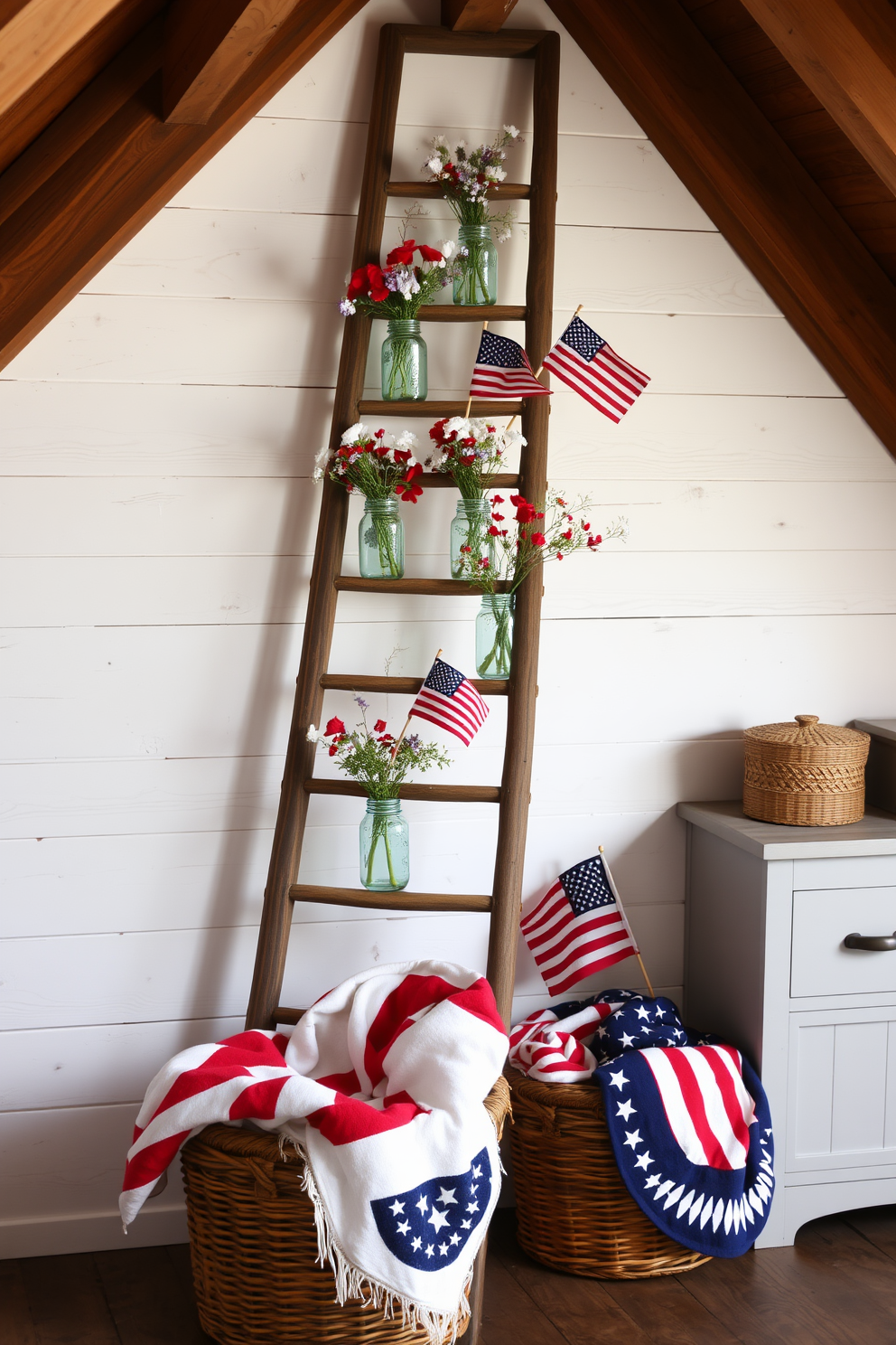 A festive table runner in red white and blue drapes elegantly across a long wooden dining table. The table is adorned with small American flags and fresh flowers in matching colors to enhance the patriotic theme. The attic is transformed into a cozy retreat with rustic wooden beams and soft ambient lighting. Vintage furniture pieces are arranged to create a welcoming space for relaxation and celebration.