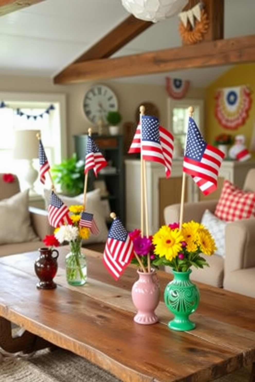 Create a cozy attic space decorated with red white and blue themed candles for Independence Day. The candles are arranged on a rustic wooden table surrounded by vintage decorations that evoke a festive atmosphere. Add comfortable seating with plush cushions in patriotic colors to enhance the inviting ambiance. The walls are adorned with subtle Americana artwork, creating a perfect backdrop for celebrating the holiday.