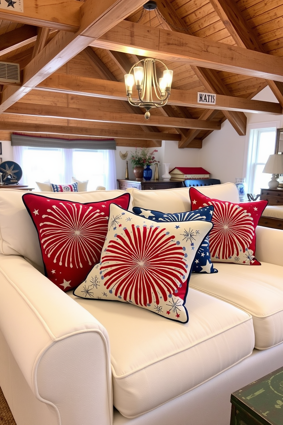 A collection of vibrant decorative wreaths celebrating Independence Day. Each wreath is adorned with red white and blue elements such as stars ribbons and miniature flags. A cozy attic space transformed into a charming retreat. The decor features vintage furniture soft lighting and playful accents that reflect a warm inviting atmosphere.