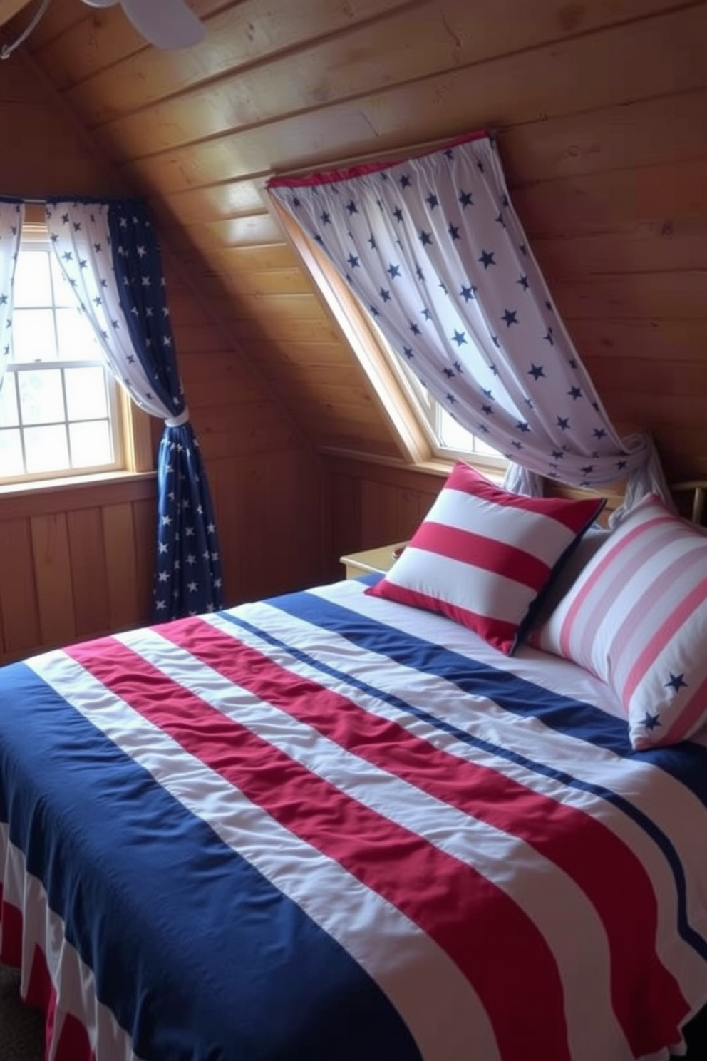 A cozy attic space decorated for Independence Day features a charming arrangement of stars and stripes throw blankets draped over a vintage wooden rocking chair. The walls are adorned with rustic wooden beams, and a small American flag is displayed in the corner, adding a festive touch to the room.