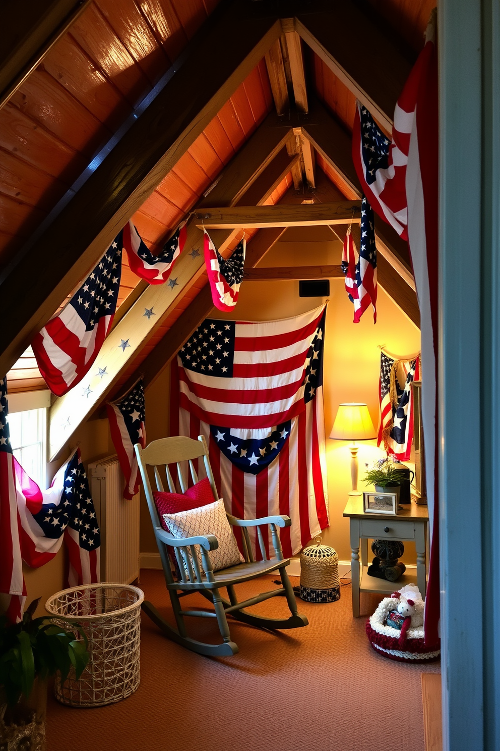 A charming attic space decorated for Independence Day features vintage American flags artfully arranged on the walls. The warm wooden beams and soft lighting create an inviting atmosphere, complemented by cozy seating and patriotic accents throughout the room.