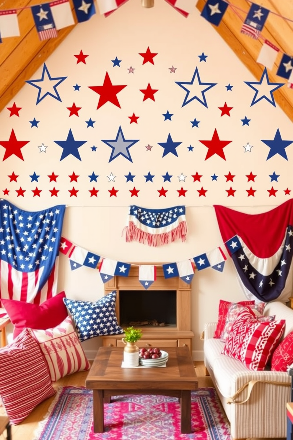 A cozy attic space decorated for Independence Day features a red and white striped rug that adds a festive touch to the room. The walls are adorned with vintage American flags and rustic wooden beams that enhance the patriotic atmosphere. In one corner, a comfortable seating area is created with a plush armchair and throw pillows in complementary colors. Decorative lanterns and stars are scattered throughout the space, creating a warm and inviting ambiance.