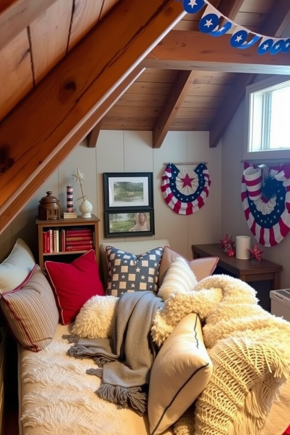 A charming attic space decorated for Independence Day features blue and white floral arrangements in vintage vases. The walls are adorned with patriotic bunting, and a cozy reading nook is created with a plush armchair and a small bookshelf filled with Americana-themed books.