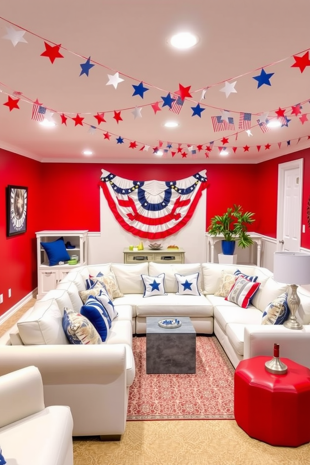 A vibrant basement decorated in a patriotic red white and blue color scheme. The walls are painted in a bold red, complemented by white furniture and blue accents throughout the space. A large sectional sofa in white is adorned with blue and red throw pillows. Festive decorations such as stars and stripes banners hang from the ceiling, creating a celebratory atmosphere for Independence Day.