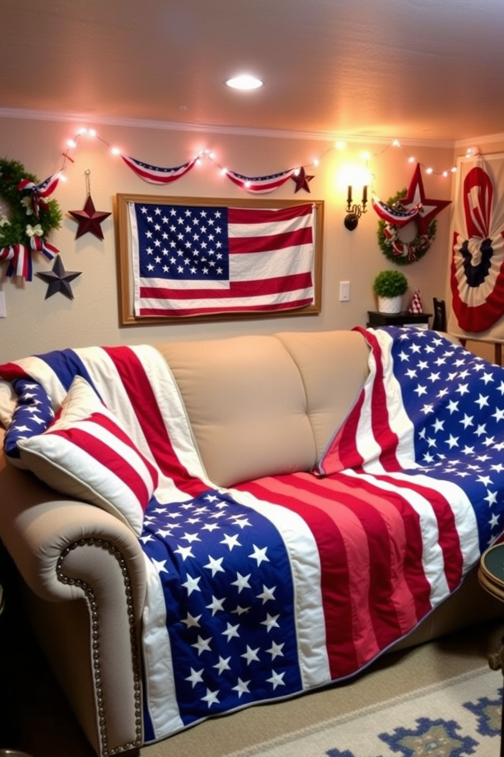 American flag themed quilts drape elegantly over plush sofas in a cozy basement setting. The walls are adorned with patriotic decorations and the space is illuminated by warm, inviting lighting that enhances the festive atmosphere.