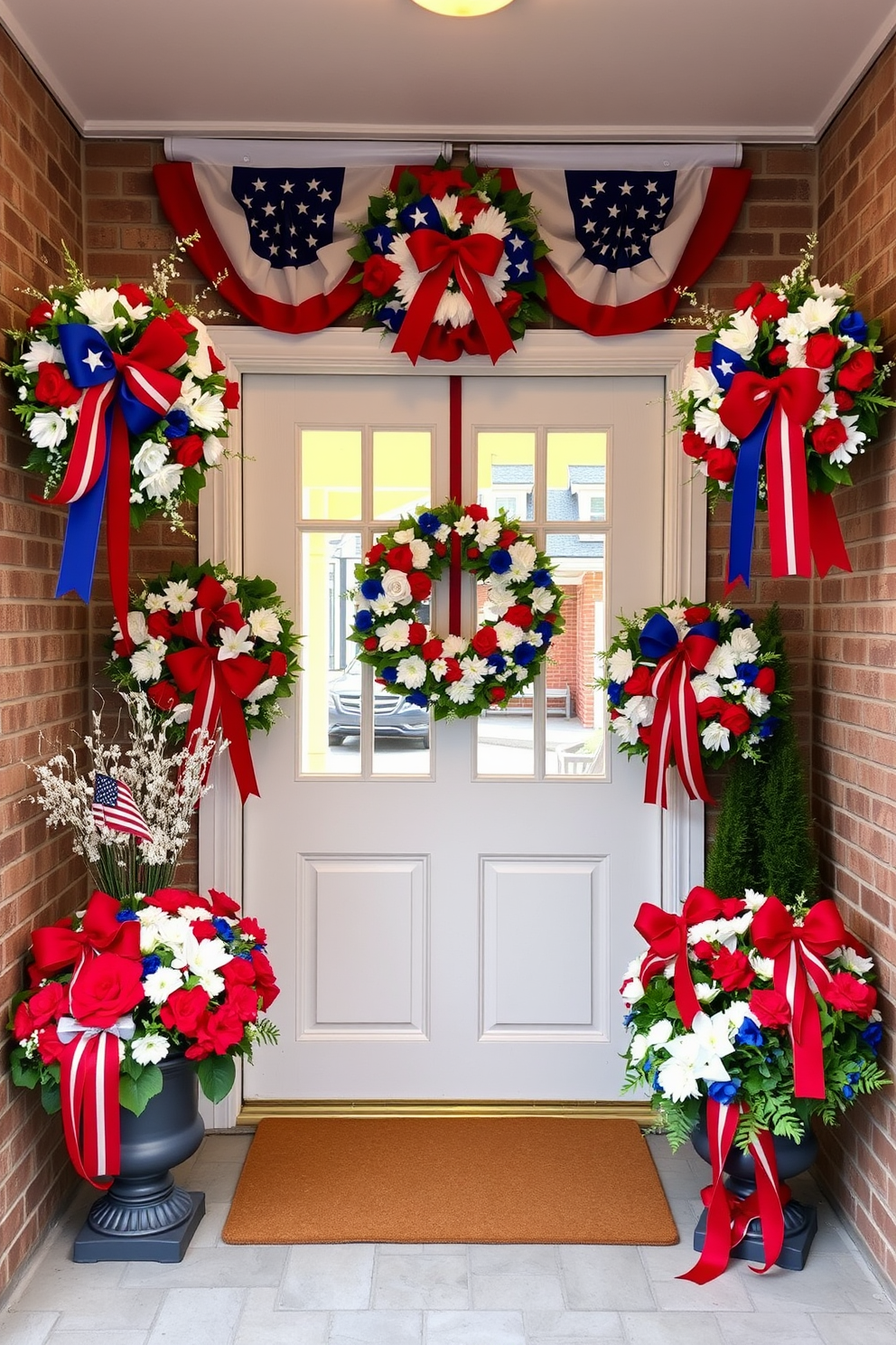 A cozy basement space adorned with hanging paper lanterns in red, white, and blue to celebrate Independence Day. The walls are painted a soft gray, while comfortable seating options are arranged around a rustic wooden coffee table, creating an inviting atmosphere.