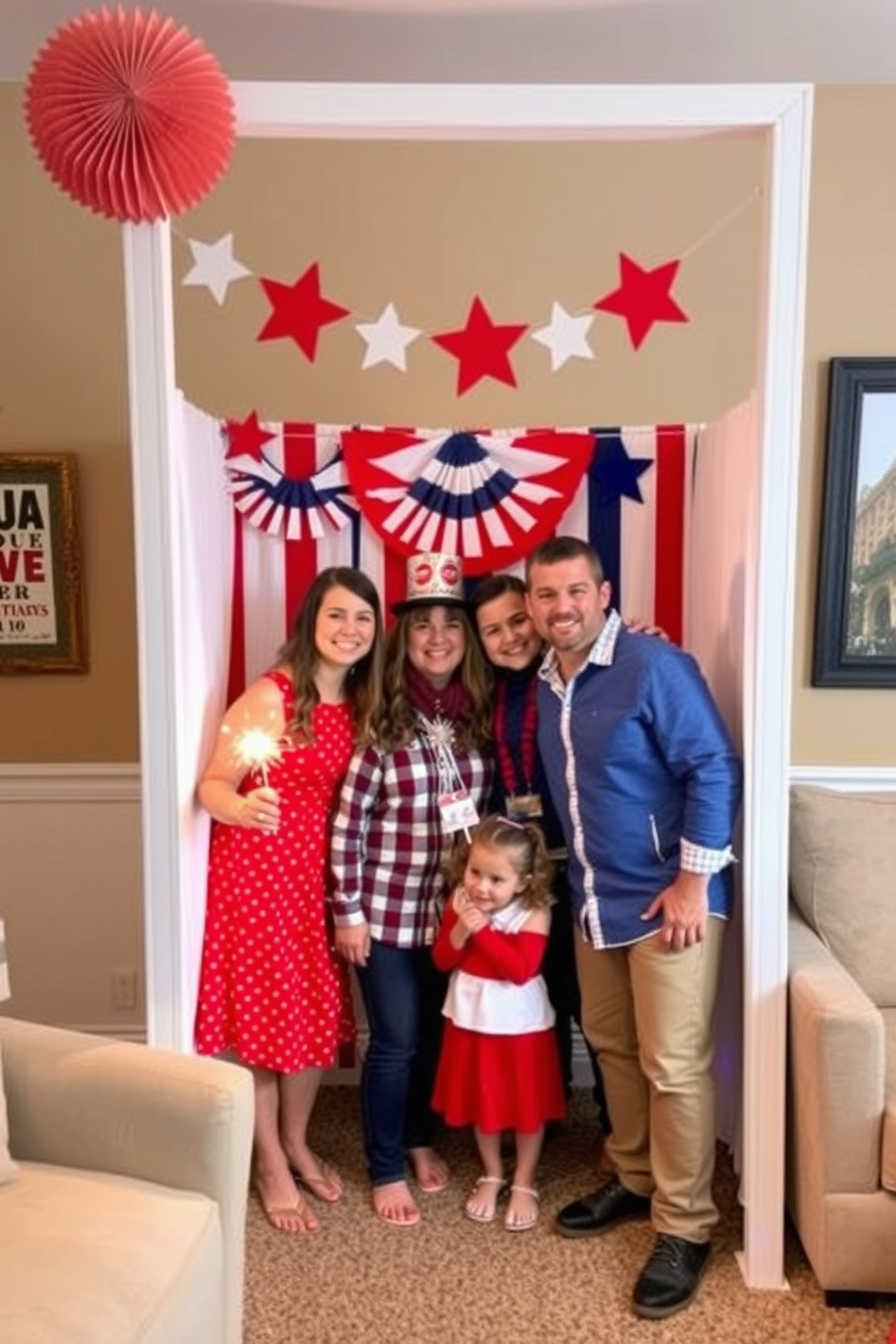 A cozy basement space decorated for Independence Day features star-shaped decorative wall mirrors that reflect the festive spirit. The walls are painted in a deep navy blue, and red and white accents are incorporated through throw pillows and a vibrant area rug.