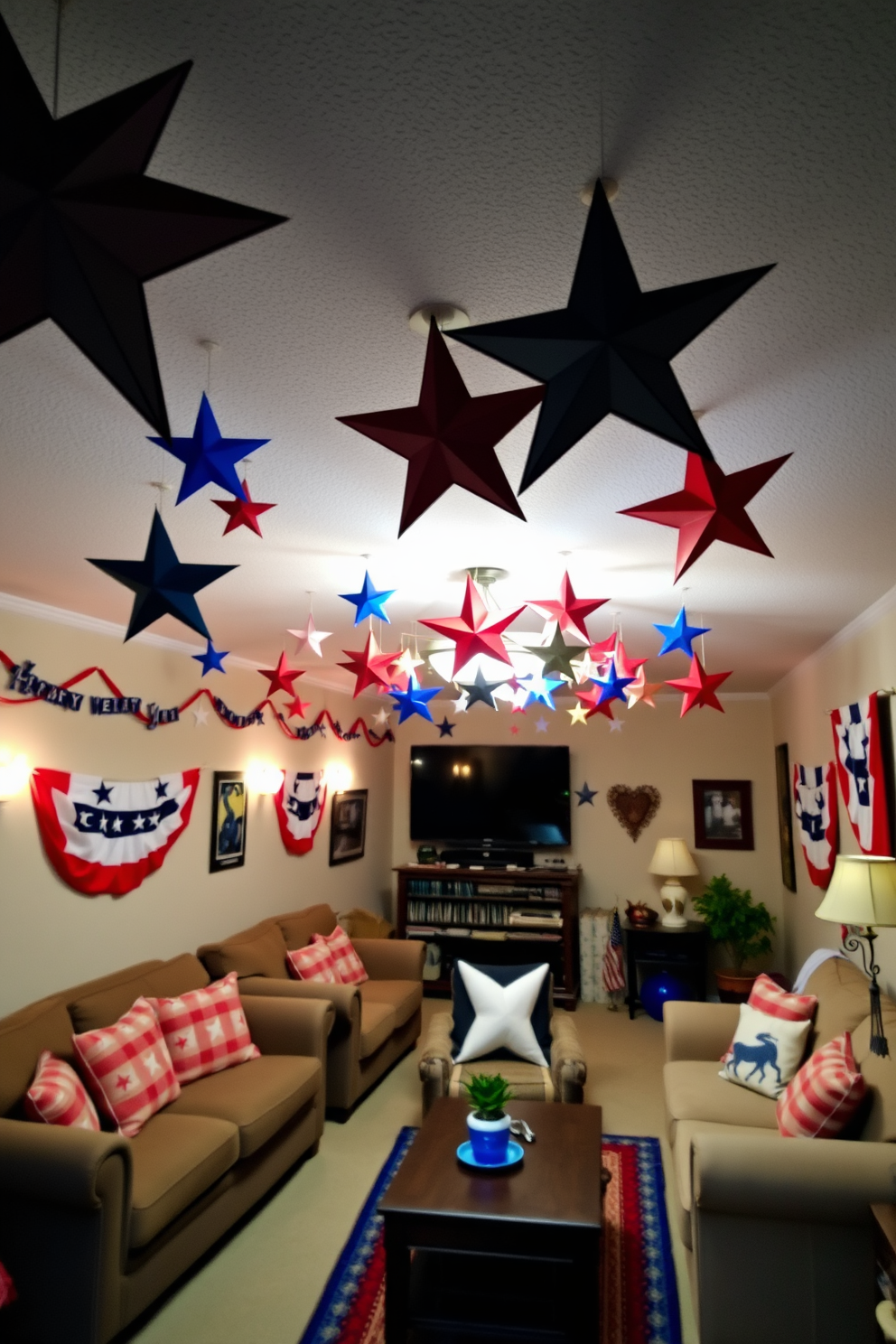 A cozy basement decorated for Independence Day features decorative stars hanging from the ceiling in red white and blue colors. The walls are adorned with patriotic banners and the space is filled with comfortable seating to create an inviting atmosphere.