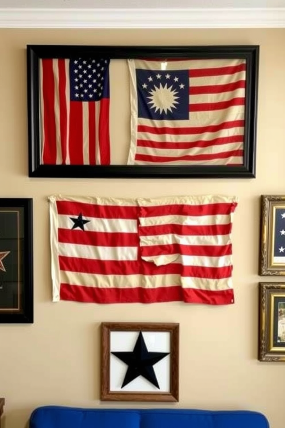 A collection of vintage flags is elegantly framed and displayed as wall art, capturing the spirit of Independence Day. The flags are arranged in a grid pattern on a neutral wall, creating a striking focal point that enhances the basement's decor.