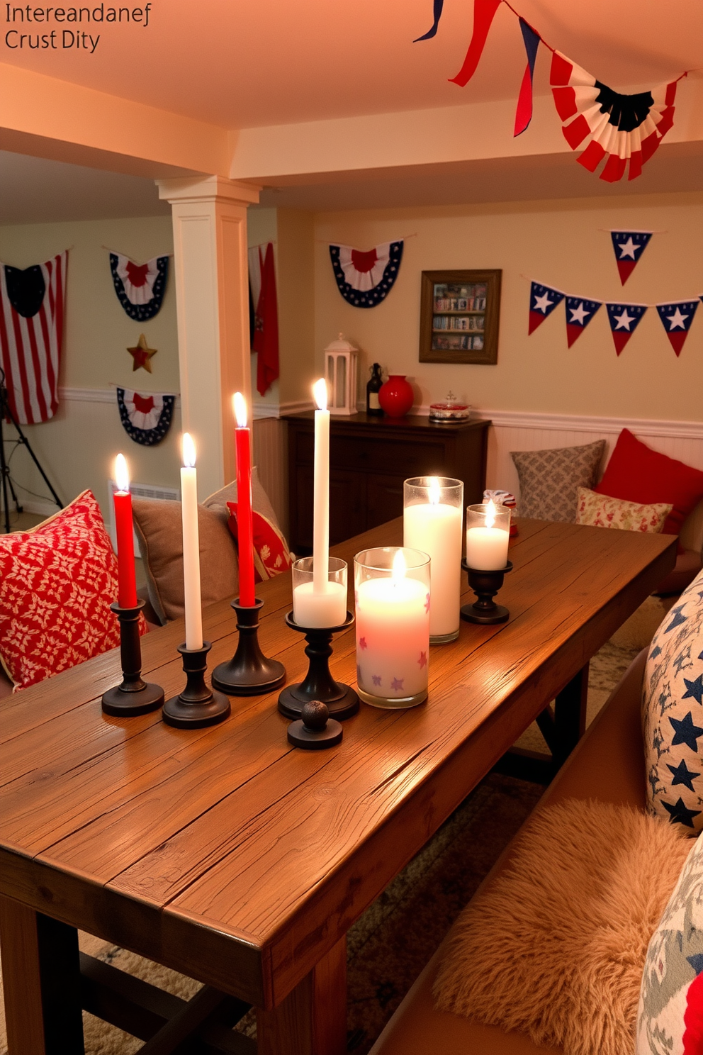 A cozy basement space featuring wall-mounted shelves adorned with red, white, and blue decor to celebrate Independence Day. The shelves are filled with themed decorations such as small flags, star-shaped ornaments, and festive candles, creating a vibrant and patriotic atmosphere.