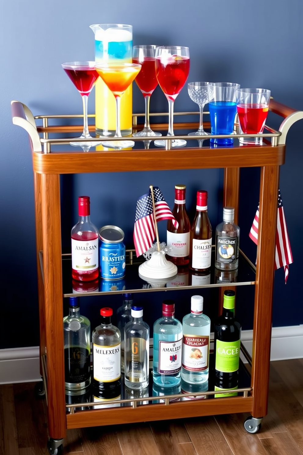 A stylish bar cart is adorned in red white and blue hues to celebrate Independence Day. The cart features a sleek design with a polished wood finish and is decorated with festive drinkware and patriotic accents. The top shelf showcases a collection of red and blue cocktails in elegant glasses alongside a white pitcher filled with refreshing lemonade. Below, the cart is stocked with a variety of spirits and mixers, all complemented by a small American flag centerpiece for a festive touch.