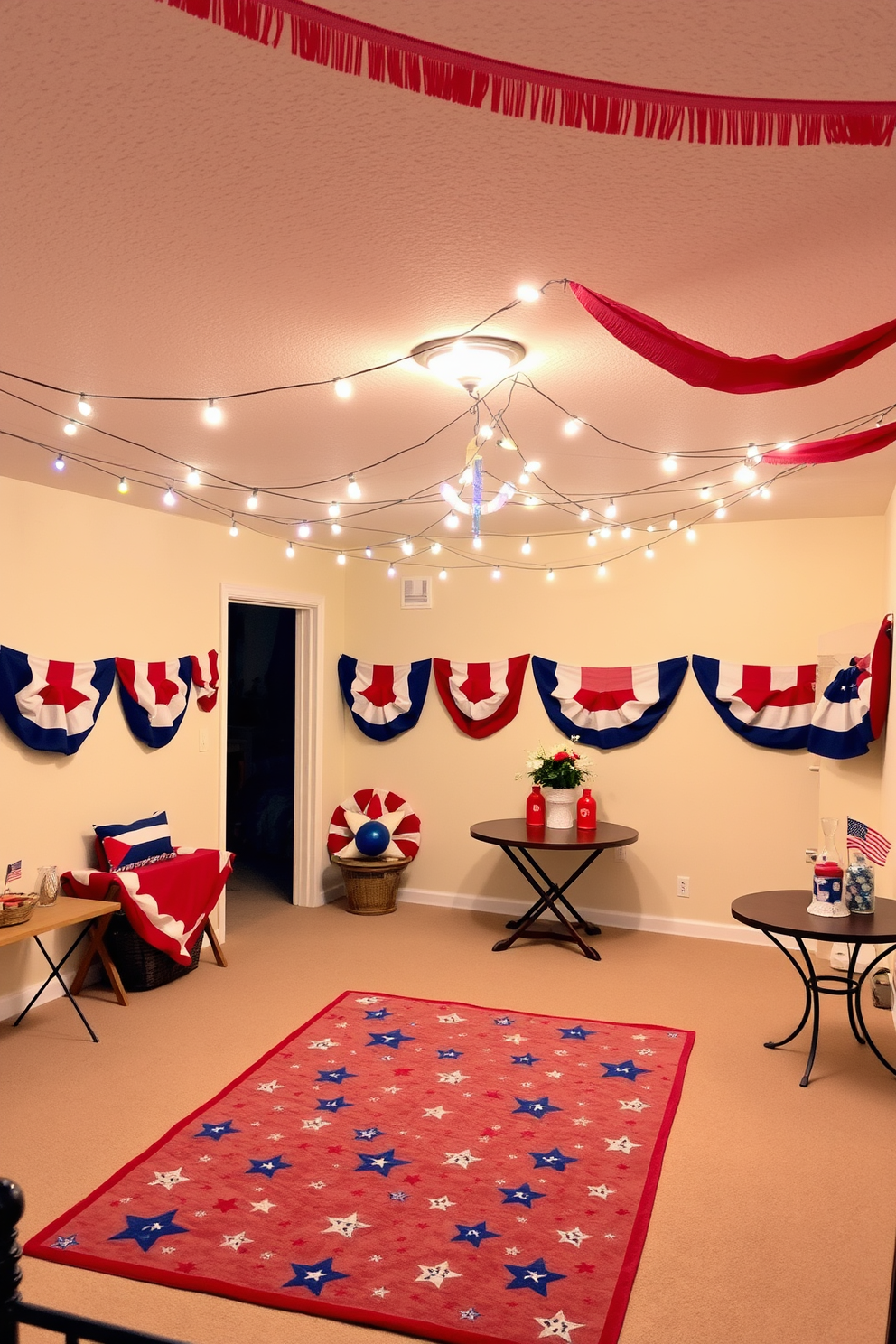 A vibrant basement space adorned with red white and blue bunting and garlands celebrating Independence Day. The walls are painted a soft cream color and the floor is covered with a cozy area rug featuring stars and stripes. String lights are hung across the ceiling to create a warm inviting atmosphere. Festive decorations such as small flags and themed centerpieces are placed on tables to enhance the celebratory feel.