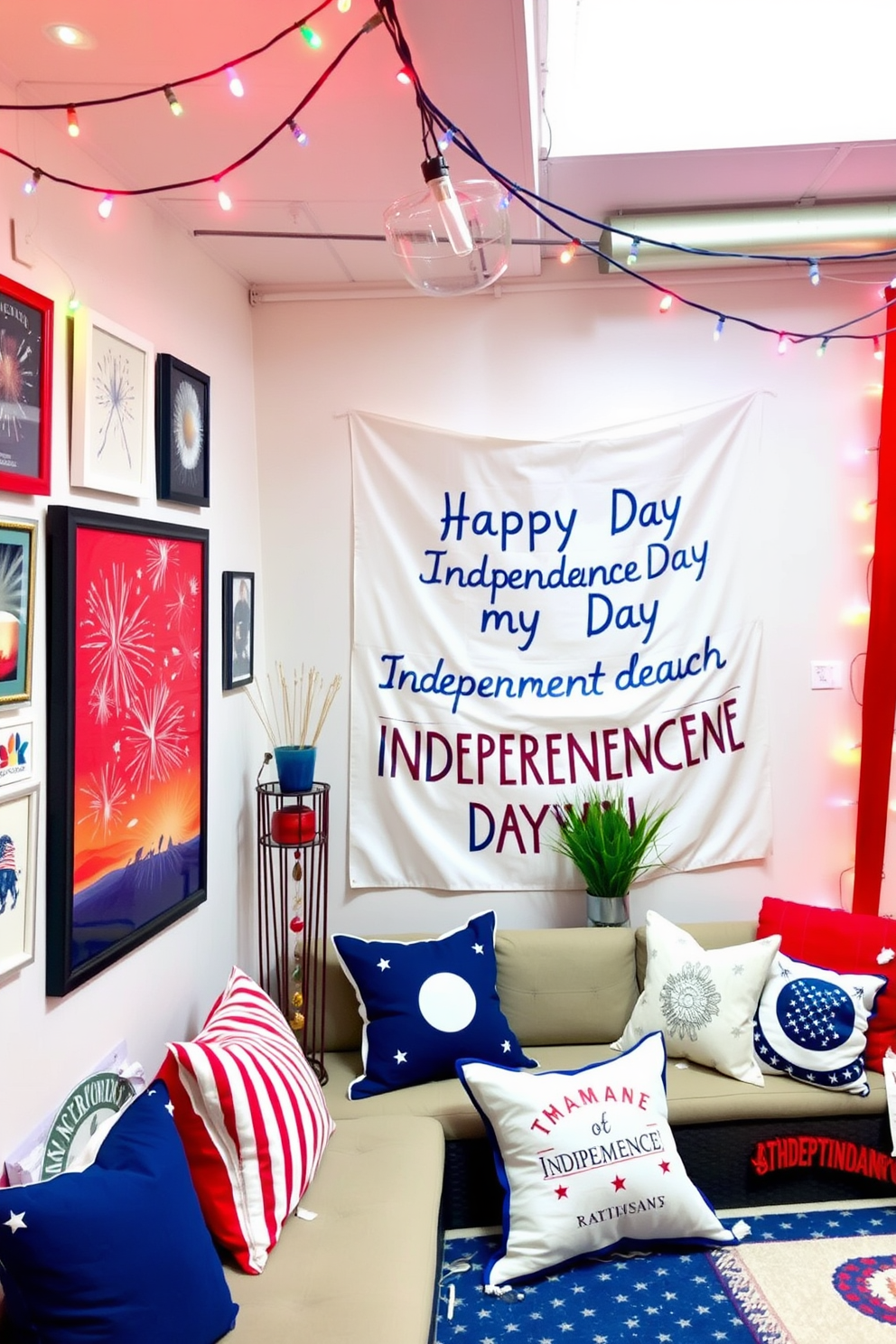 A vibrant Independence Day themed artwork gallery showcases a collection of red white and blue paintings and sculptures. The walls are adorned with framed artworks featuring fireworks and patriotic symbols creating a festive atmosphere. The basement is transformed with Independence Day decorations including string lights in the colors of the flag and comfortable seating for gatherings. A large banner reading Happy Independence Day hangs on one wall while themed cushions and throws add a cozy touch.