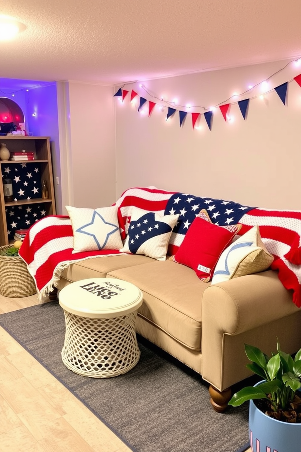 Cozy seating area featuring a plush sofa adorned with red white and blue patriotic blankets. The basement is decorated with festive accents such as string lights and small flags creating a warm inviting atmosphere for Independence Day celebrations.