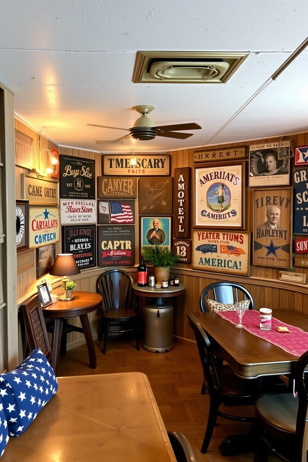 A cozy basement space features a prominent stars and stripes wall art that celebrates Independence Day. The walls are painted in a soft beige, and a plush sectional sofa is arranged around a rustic coffee table.