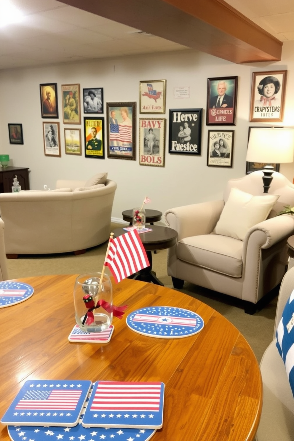 Patriotic themed coasters are placed on wooden tables throughout the basement, showcasing red, white, and blue designs that celebrate Independence Day. The tables are adorned with small decorative flags and themed centerpieces to enhance the festive atmosphere. The basement is decorated with comfortable seating, featuring plush sofas and armchairs in neutral tones to create a cozy gathering space. Wall art includes framed vintage posters and photographs that reflect the spirit of Independence Day, adding character and charm to the overall design.