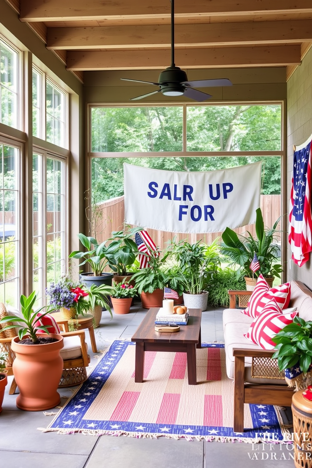 A cozy basement space decorated for Independence Day features star and stripe patterned curtains that hang elegantly from the windows. The room is filled with festive decor, including red, white, and blue throw pillows on a comfortable sofa, creating a warm and inviting atmosphere.