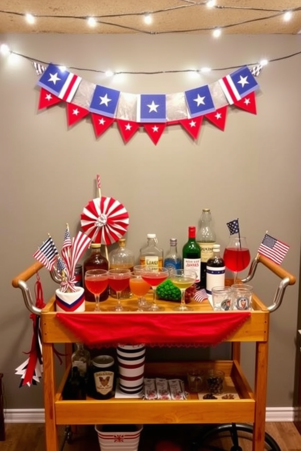 A festive drinks station for Independence Day featuring a red white and blue color scheme. The station includes a wooden bar cart adorned with patriotic decorations and glassware filled with colorful beverages. The backdrop showcases a wall decorated with stars and stripes bunting. String lights hang above, creating a warm inviting atmosphere perfect for celebrating in the basement.