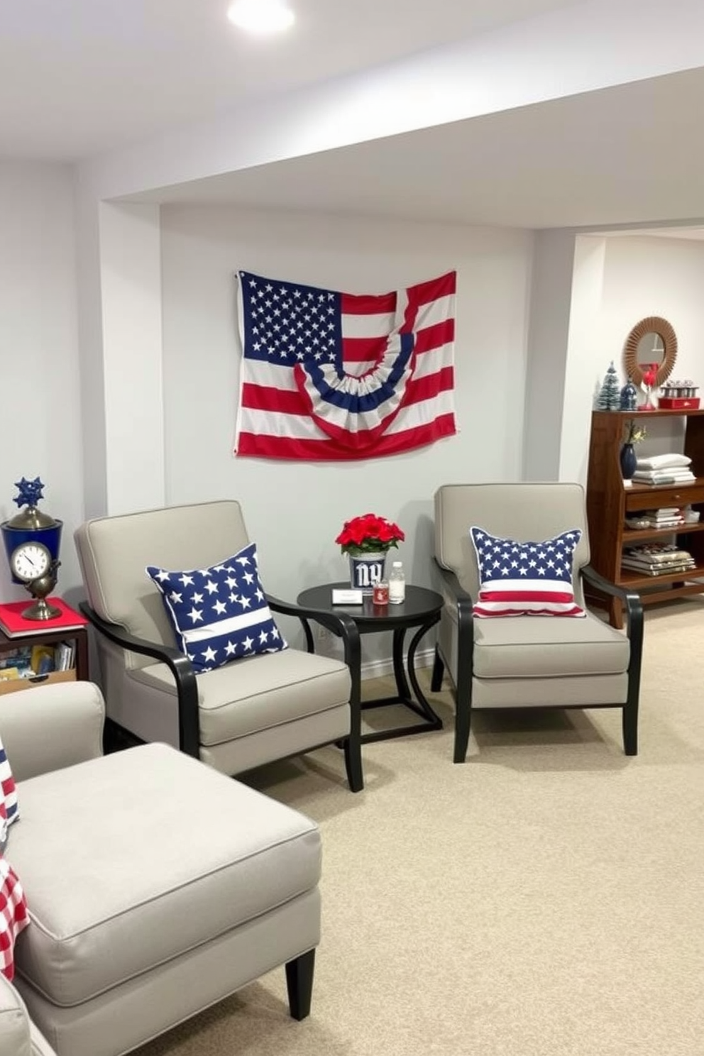 A vintage picnic basket sits in the corner of the basement, serving as a charming storage solution for blankets and outdoor games. The basket is adorned with a red, white, and blue ribbon, adding a festive touch to the space. Surrounding the basket, the basement features patriotic decorations such as bunting and framed vintage Independence Day posters. Soft lighting illuminates the area, creating a cozy atmosphere perfect for summer gatherings.