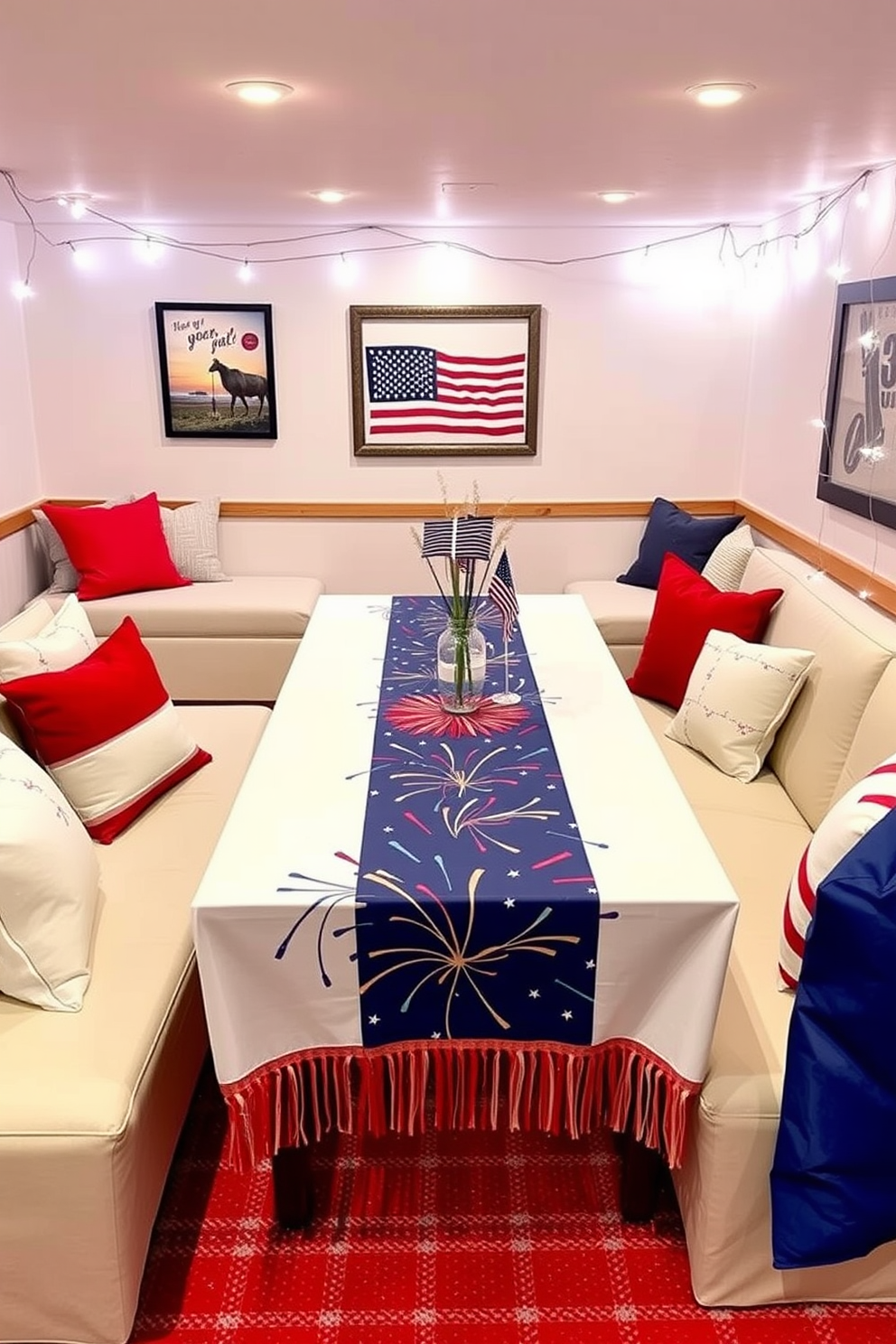 A vibrant basement space designed for Independence Day celebrations. The table is adorned with firecracker-inspired table runners featuring bold red, white, and blue colors, creating a festive atmosphere. Surrounding the table, comfortable seating areas are arranged with patriotic throw pillows. The walls are decorated with themed artwork and string lights, enhancing the celebratory feel of the space.