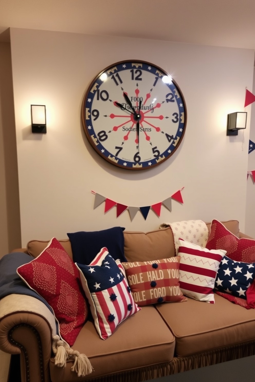 A patriotic themed wall clock hangs prominently on the wall, featuring a design that incorporates red, white, and blue colors along with stars and stripes. Below the clock, a cozy seating area is arranged with comfortable cushions and throws that echo the Independence Day theme, creating a festive atmosphere in the basement. The walls are adorned with subtle decorations like small flags and bunting, enhancing the celebratory feel of the space. Soft lighting fixtures illuminate the area, providing a warm glow that invites family and friends to gather and celebrate together.