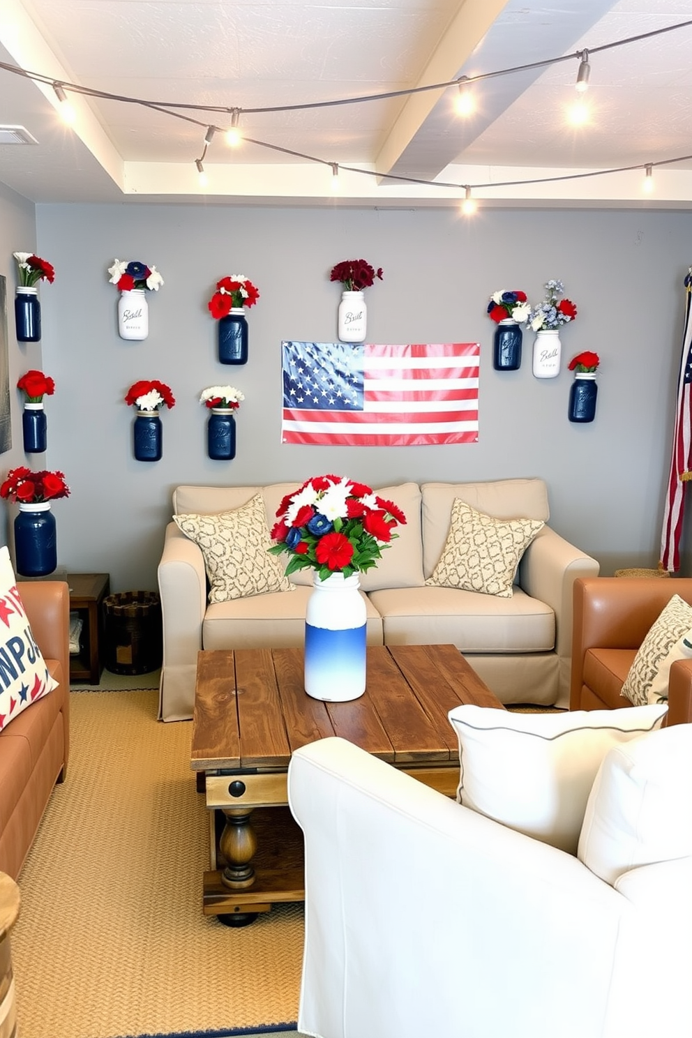 A cozy basement space designed for Independence Day celebrations. The walls are adorned with DIY painted jars filled with vibrant red white and blue flowers, creating a festive atmosphere. Comfortable seating options are arranged around a rustic wooden coffee table. String lights hang overhead adding a warm glow to the inviting decor.