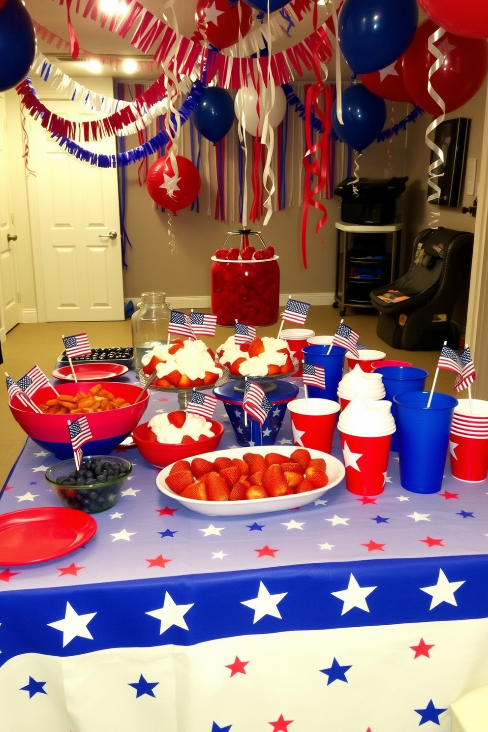 A festive snack table adorned with red white and blue decorations for Independence Day. The table is covered with a vibrant tablecloth featuring stars and stripes, showcasing an array of themed snacks and drinks. Colorful bowls filled with strawberries, blueberries, and whipped cream create a patriotic dessert display. Red and blue paper plates and cups are neatly arranged, while small American flags are placed throughout the table for added flair. In the background, the basement is decorated with streamers and balloons in red white and blue hues. Subtle lighting enhances the celebratory atmosphere, making it perfect for gathering with family and friends.